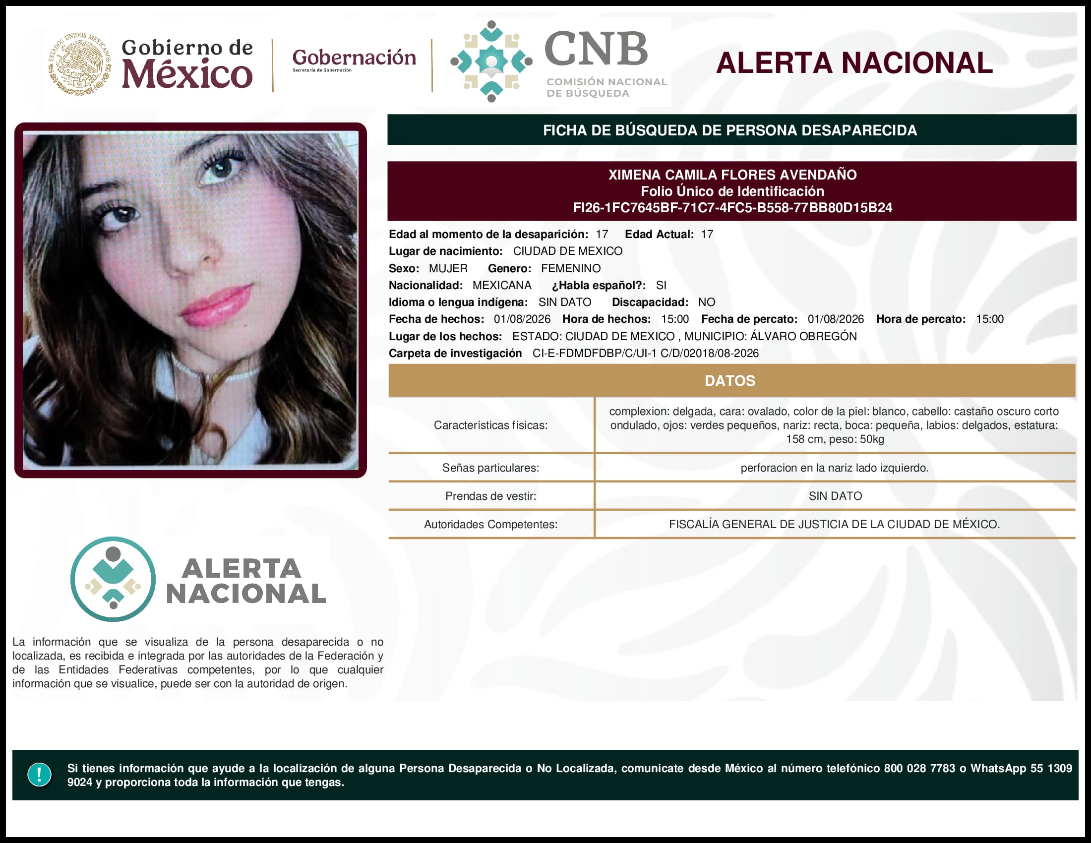 Persona desaparecida Ximena Camila Flores Avendano