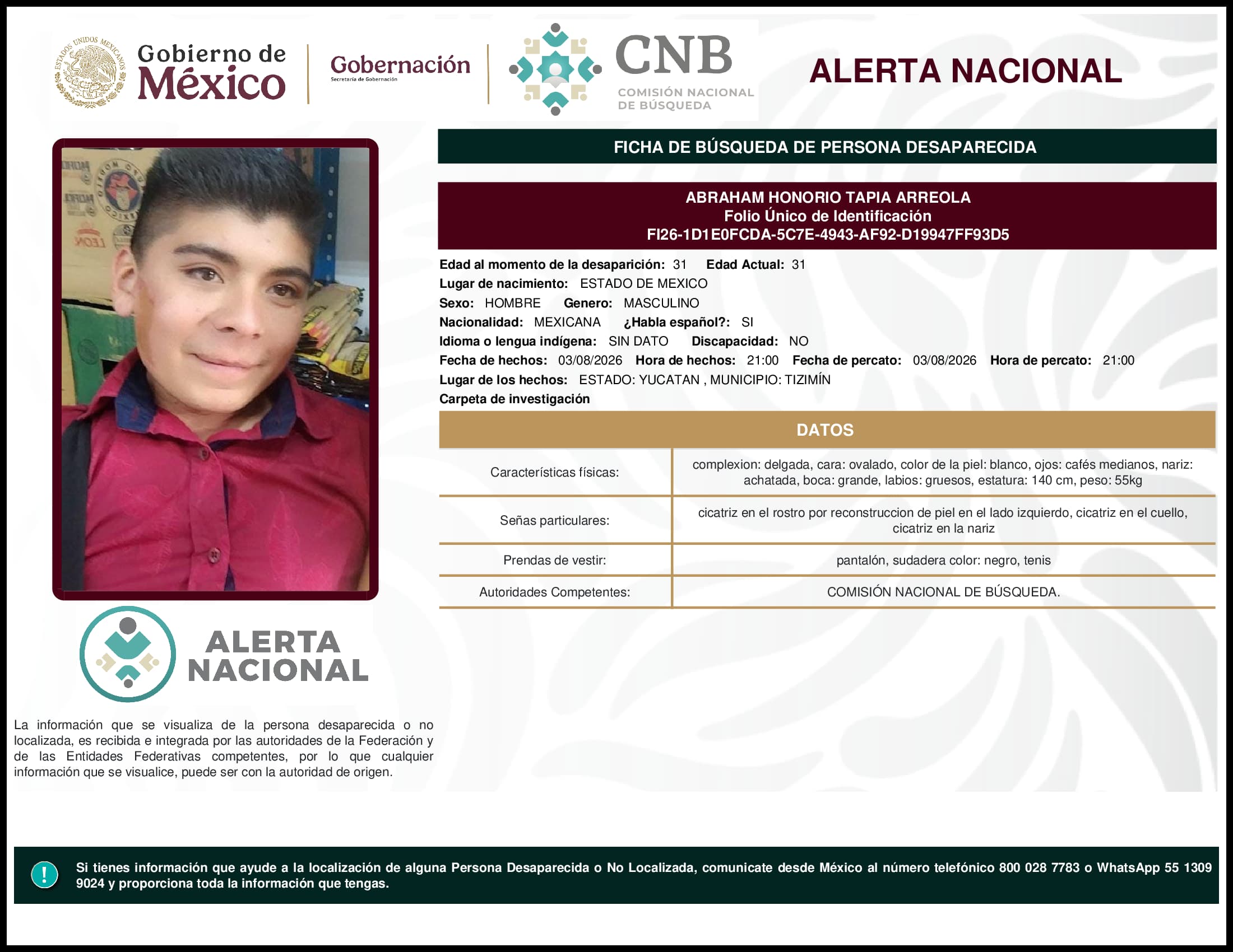Persona desaparecida Abraham Honorio Tapia Arreola