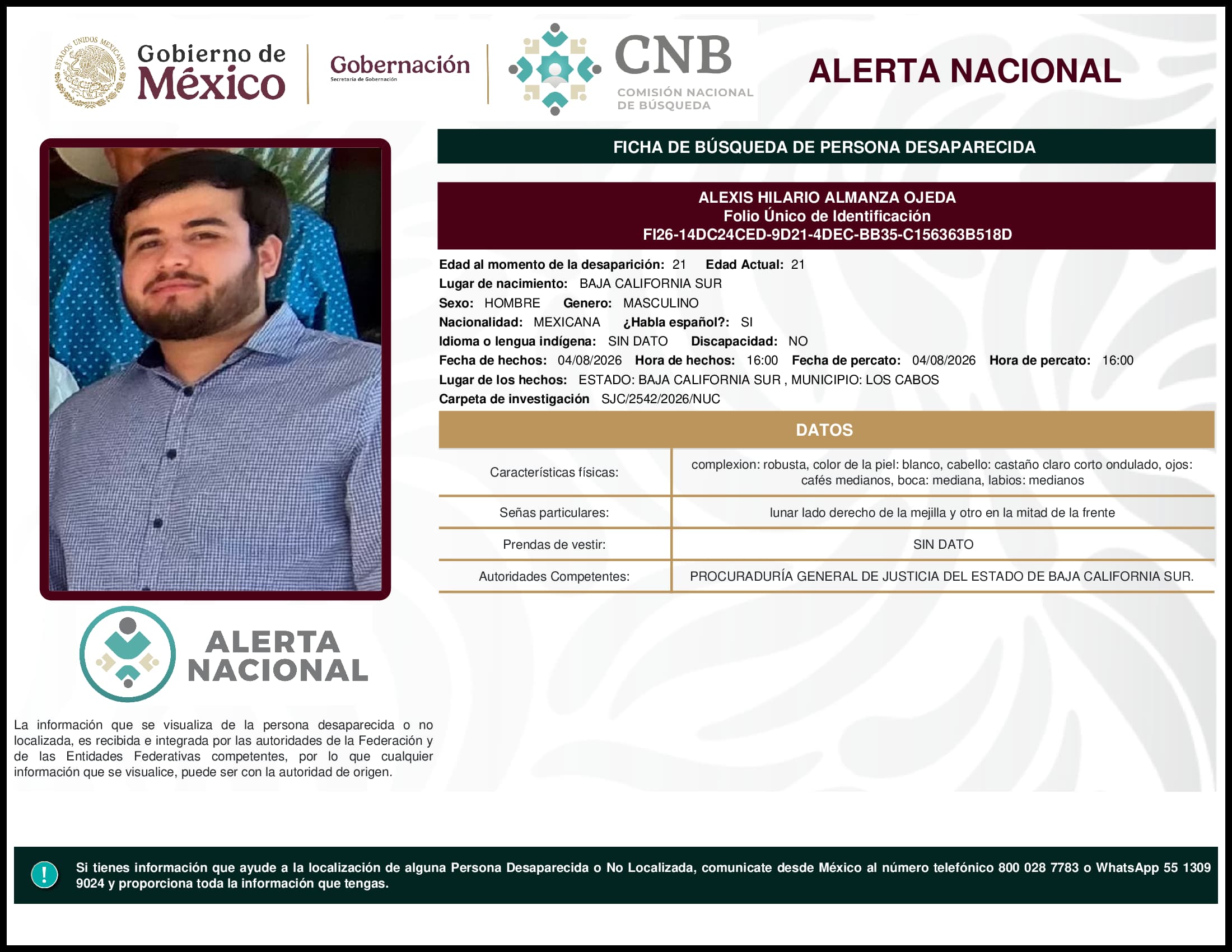 Persona desaparecida Alexis Hilario Almanza Ojeda