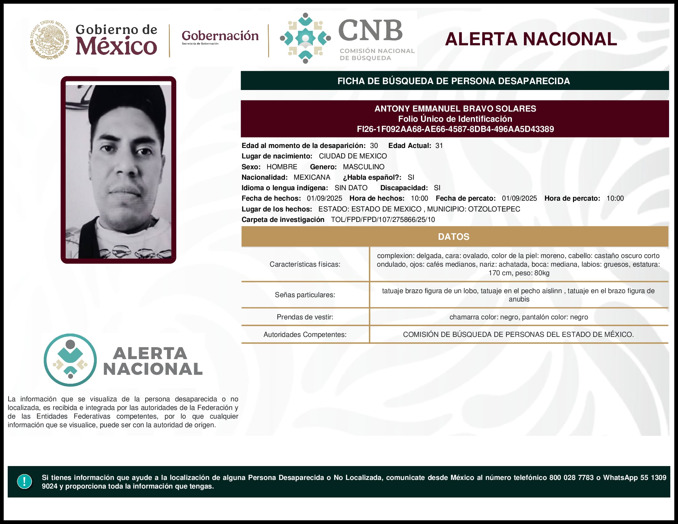 Persona desaparecida Antony Emmanuel Bravo Solares