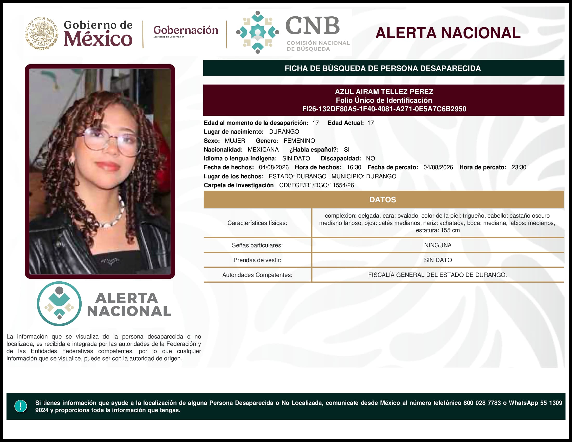 Persona desaparecida Azul Airam Tellez Perez