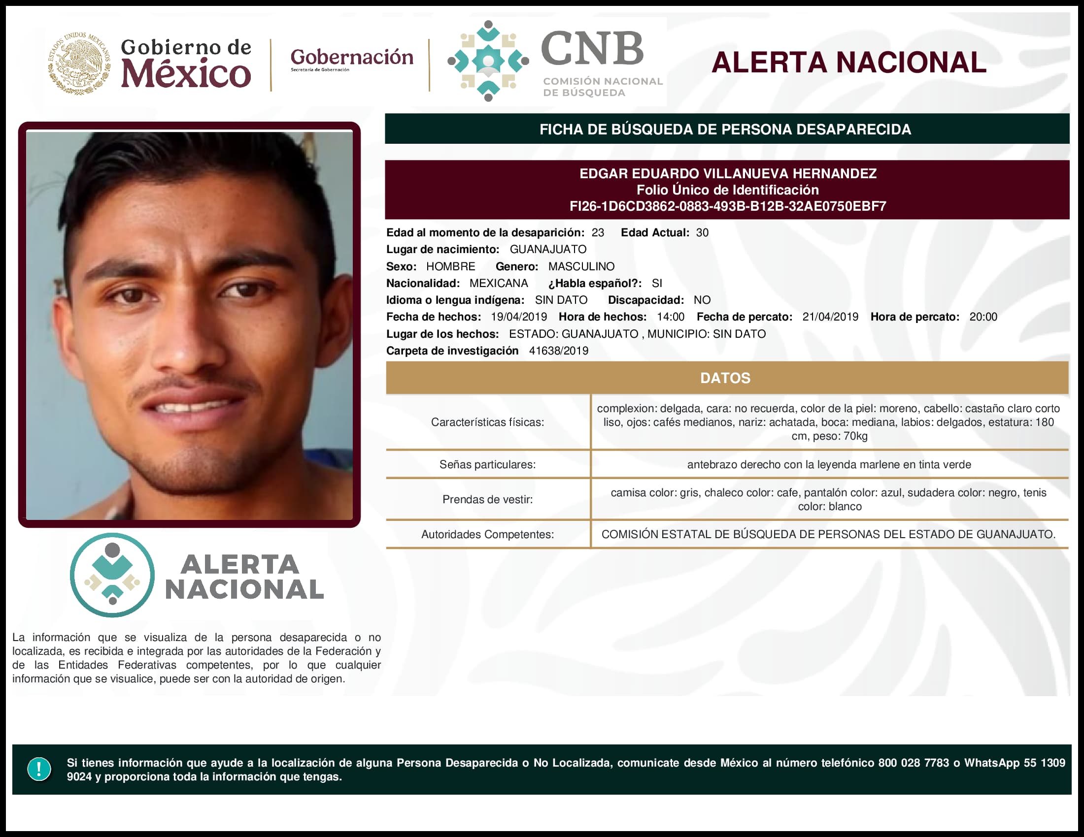 Persona desaparecida Edgar Eduardo Villanueva Hernandez