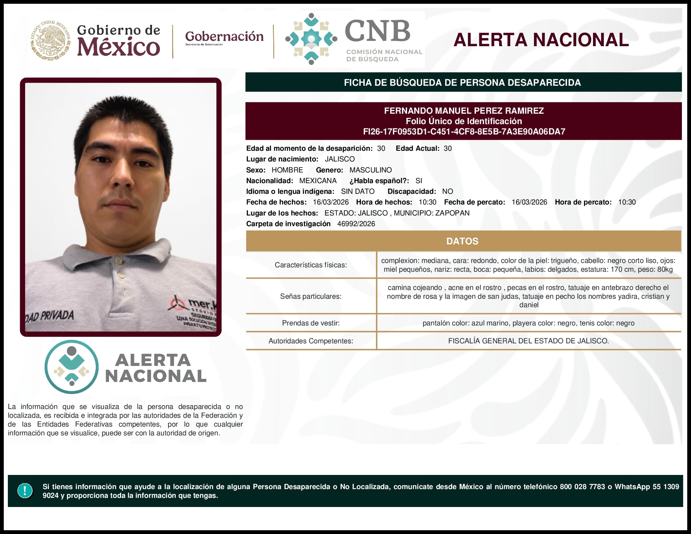 Persona desaparecida Fernando Manuel Perez Ramirez