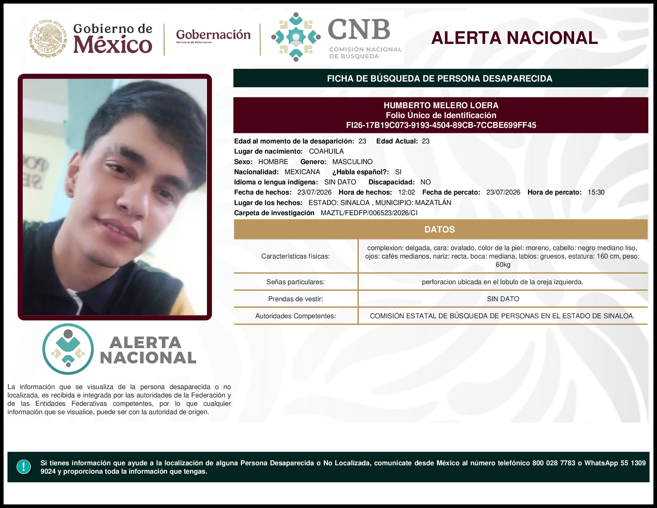 Persona desaparecida Humberto Melero Loera