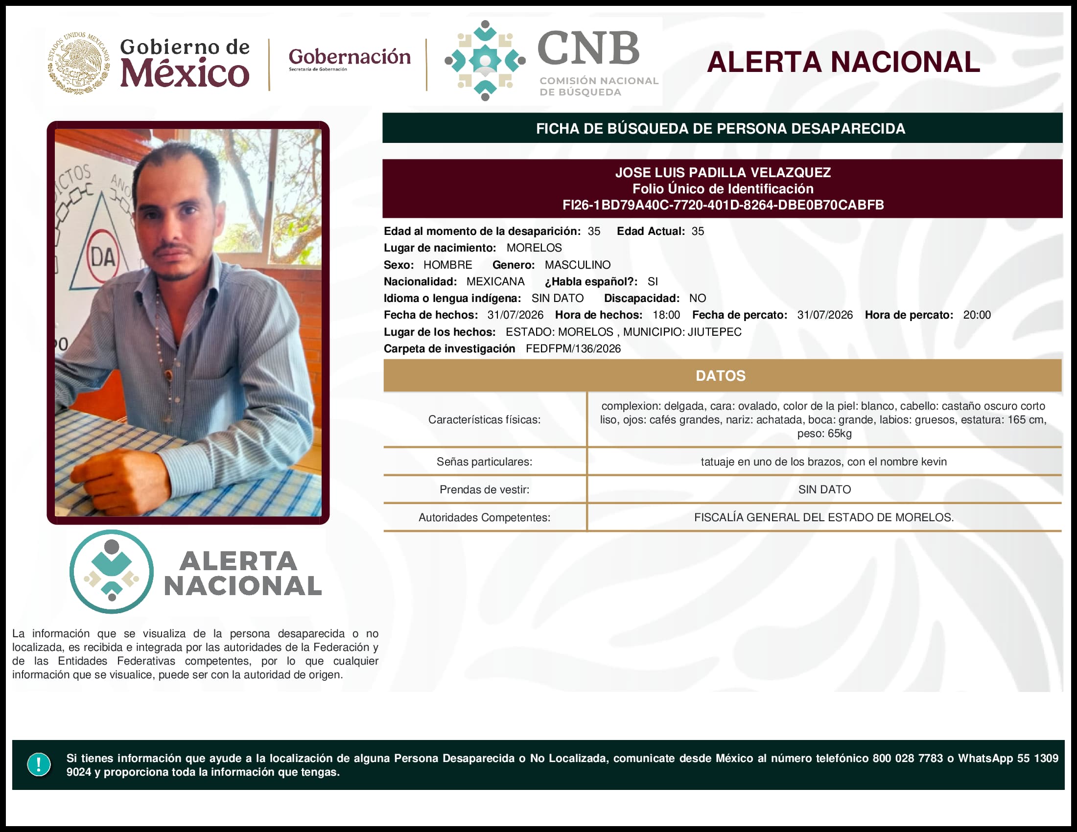 Persona desaparecida Jose Luis Padilla Velazquez