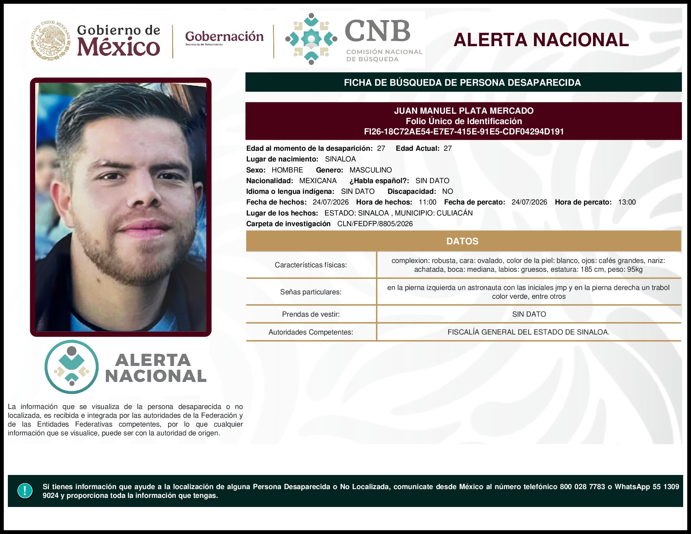 Persona desaparecida Juan Manuel Plata Mercado