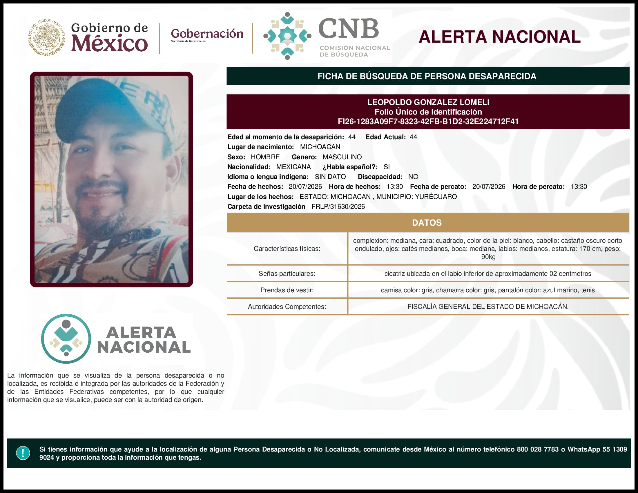 Persona desaparecida Leopoldo Gonzalez Lomeli