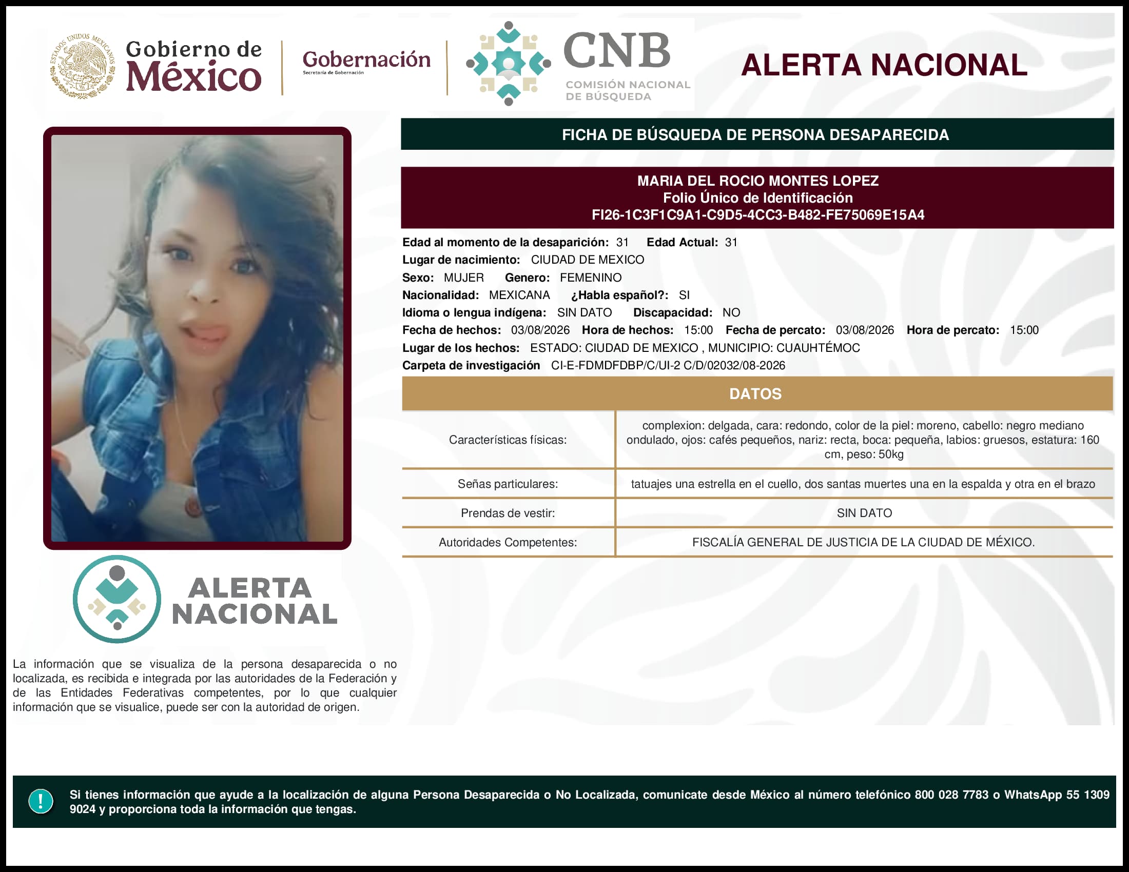 Persona desaparecida Maria Del Rocio Montes Lopez