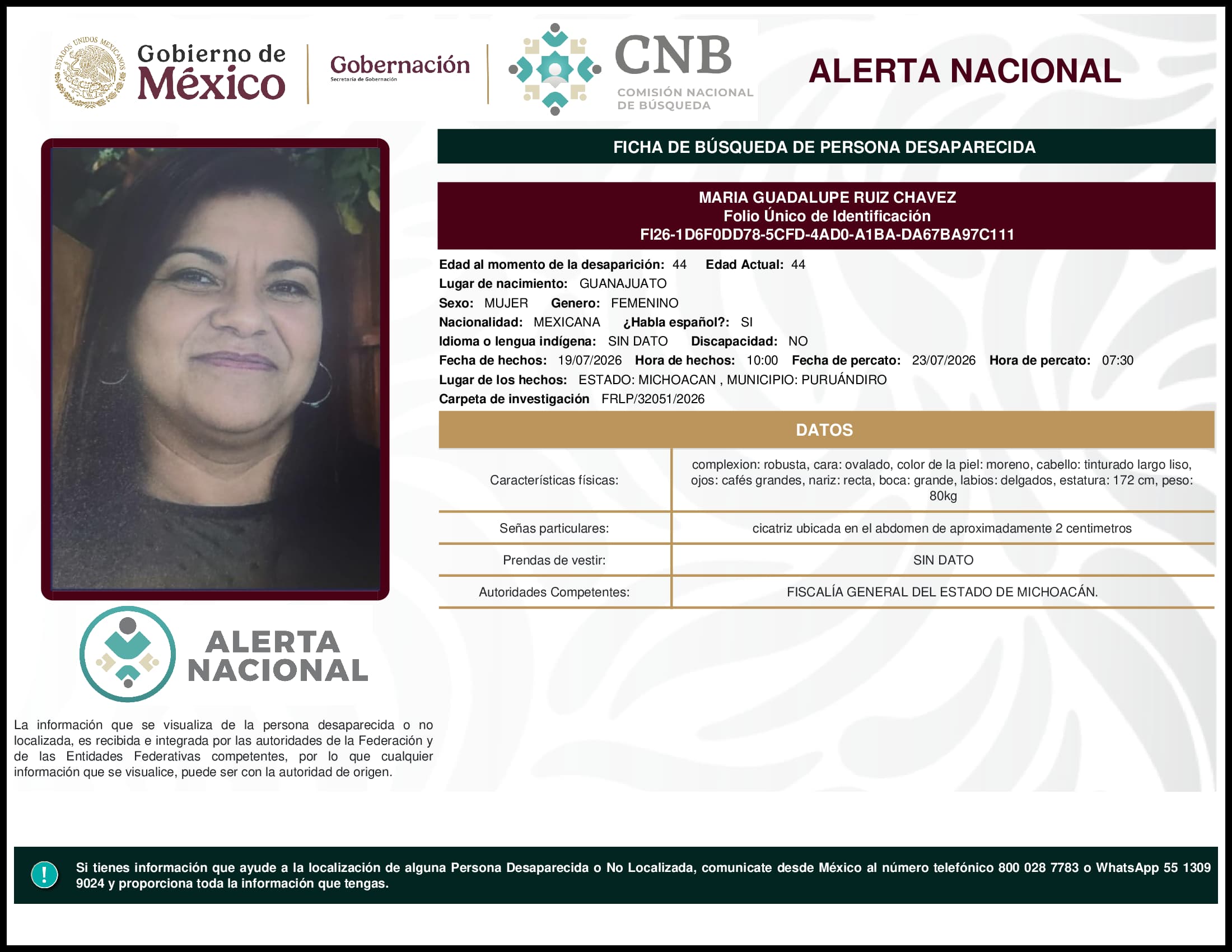 Persona desaparecida Maria Guadalupe Ruiz Chavez