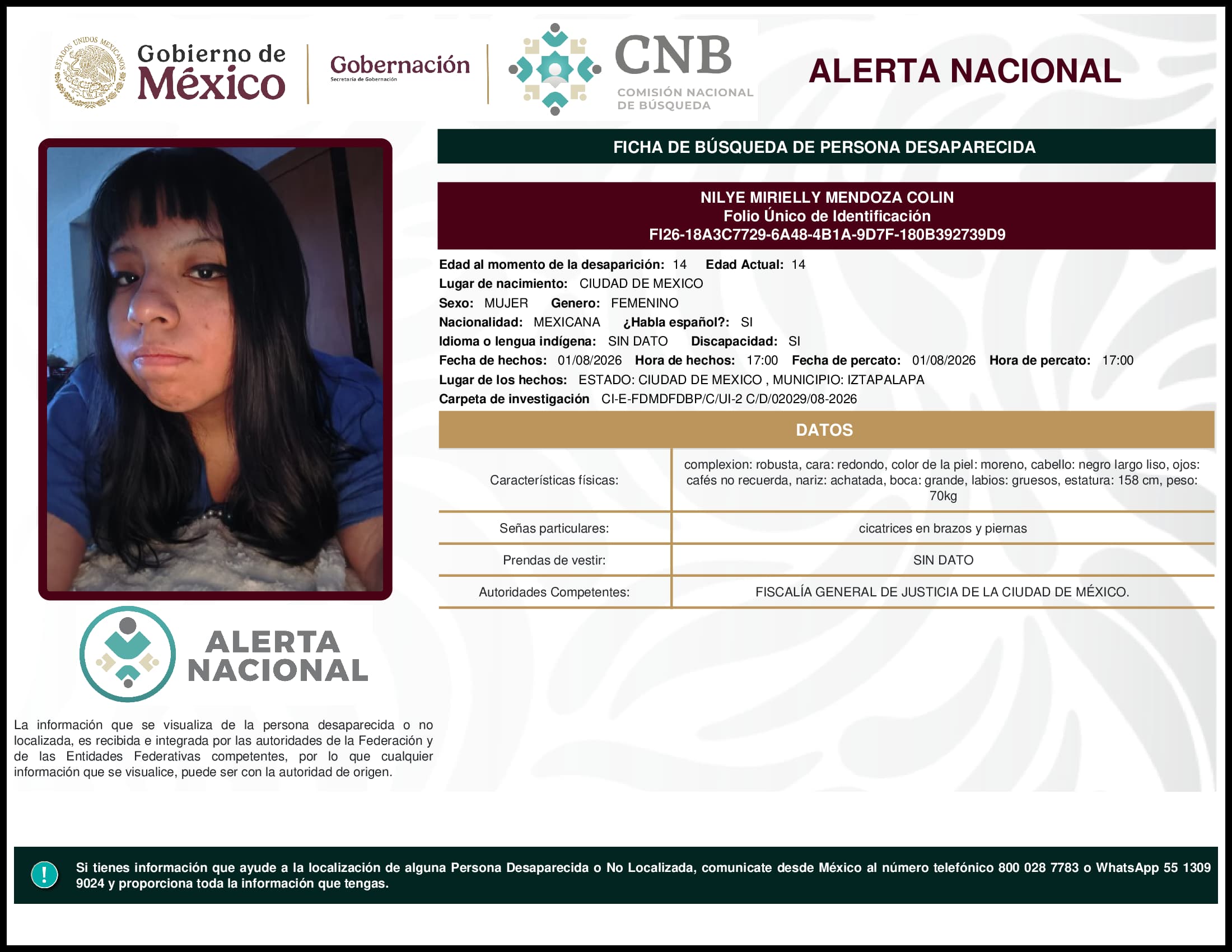 Persona desaparecida Nilye Mirielly Mendoza Colin