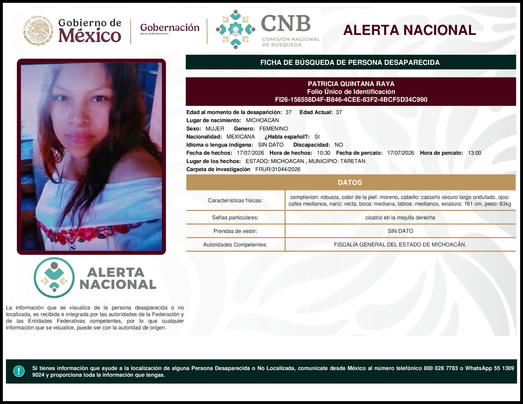Persona desaparecida Patricia Quintana Raya