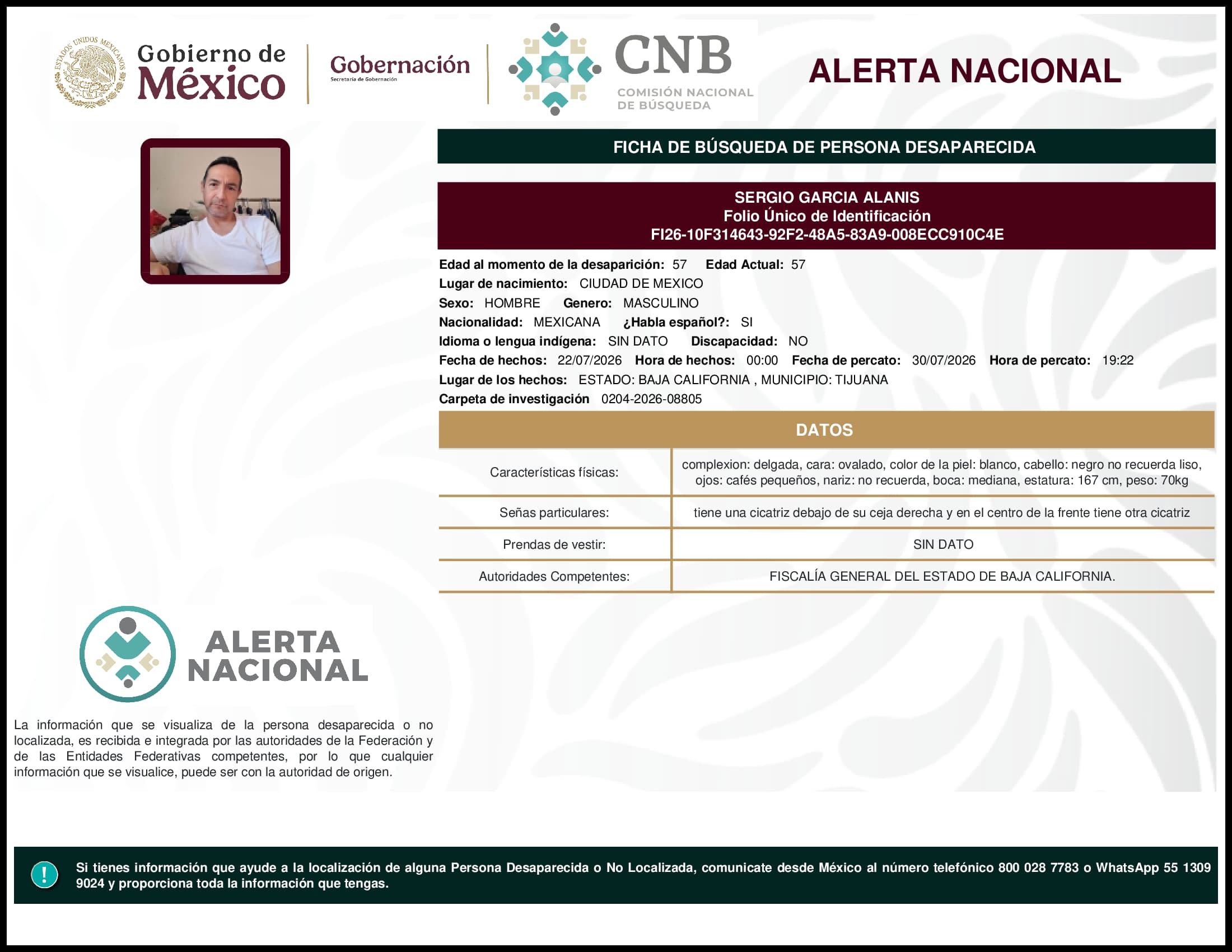 Persona desaparecida Sergio Garcia Alanis