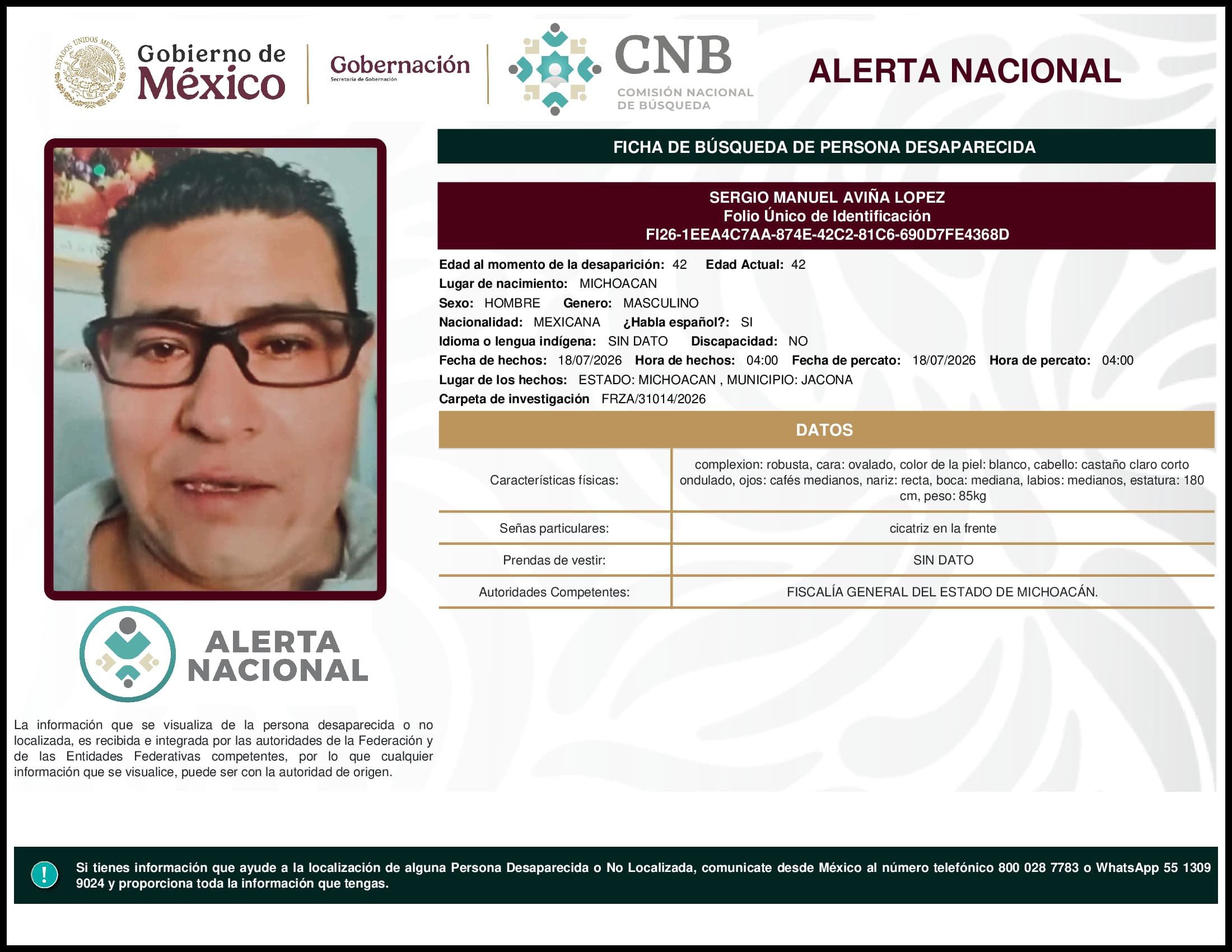 Persona desaparecida Sergio Manuel Avina Lopez