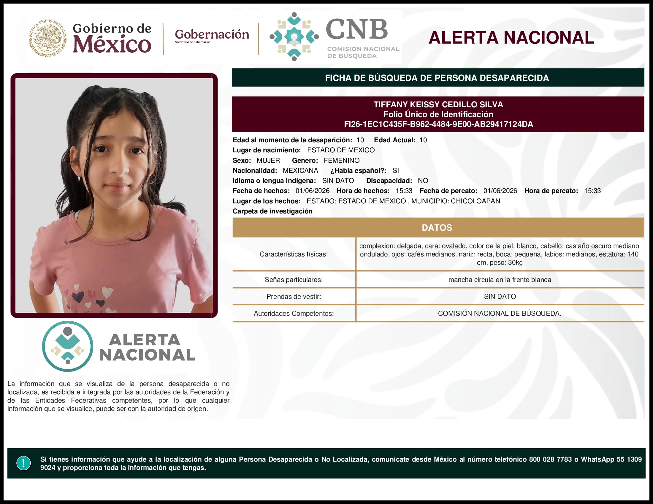 Persona desaparecida Tiffany Keissy Cedillo Silva