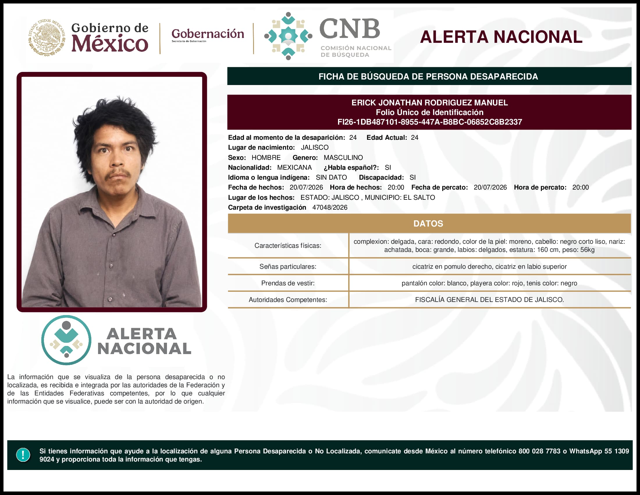 Persona desaparecida Erick Jonathan Rodriguez Manuel