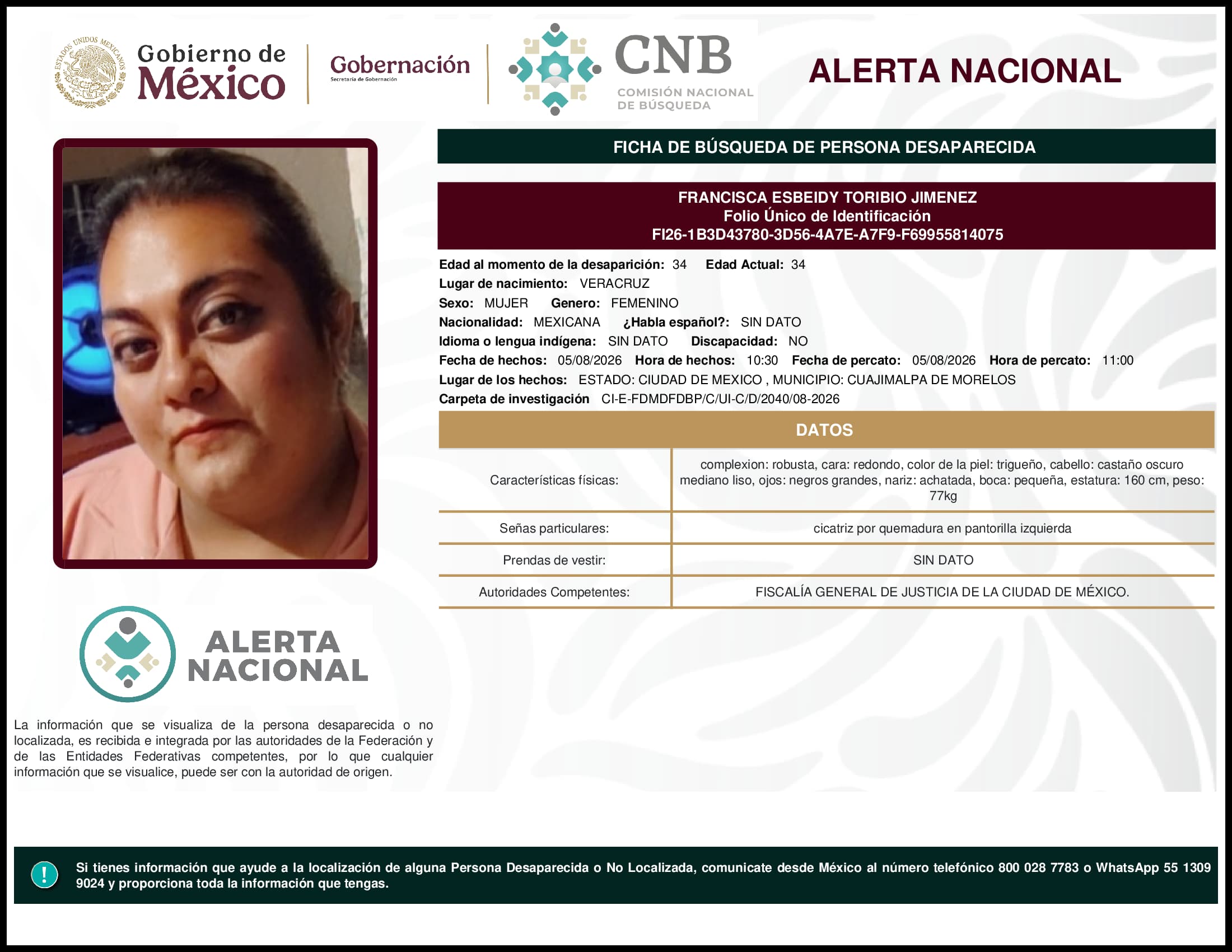 Persona desaparecida Francisca Esbeidy Toribio Jimenez