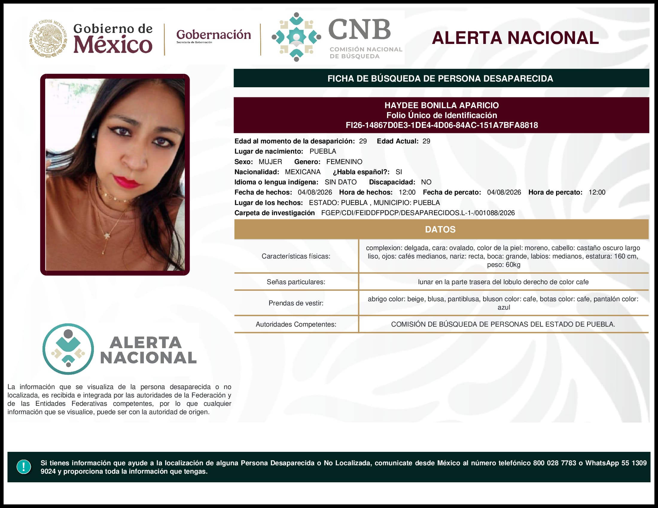 Persona desaparecida Haydee Bonilla Aparicio