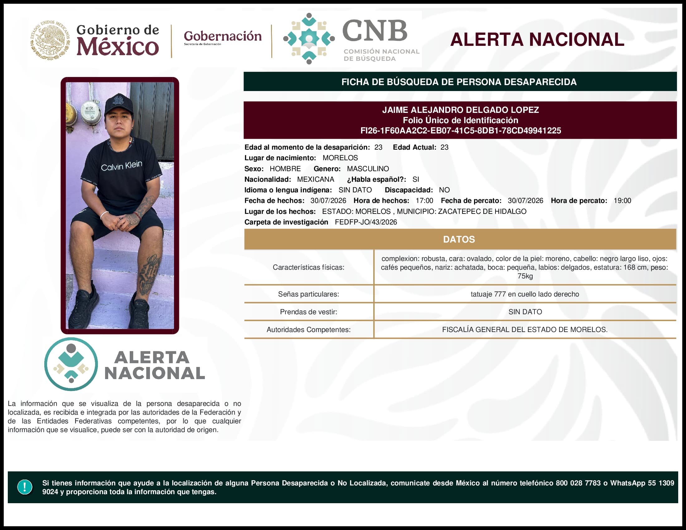 Persona desaparecida Jaime Alejandro Delgado Lopez