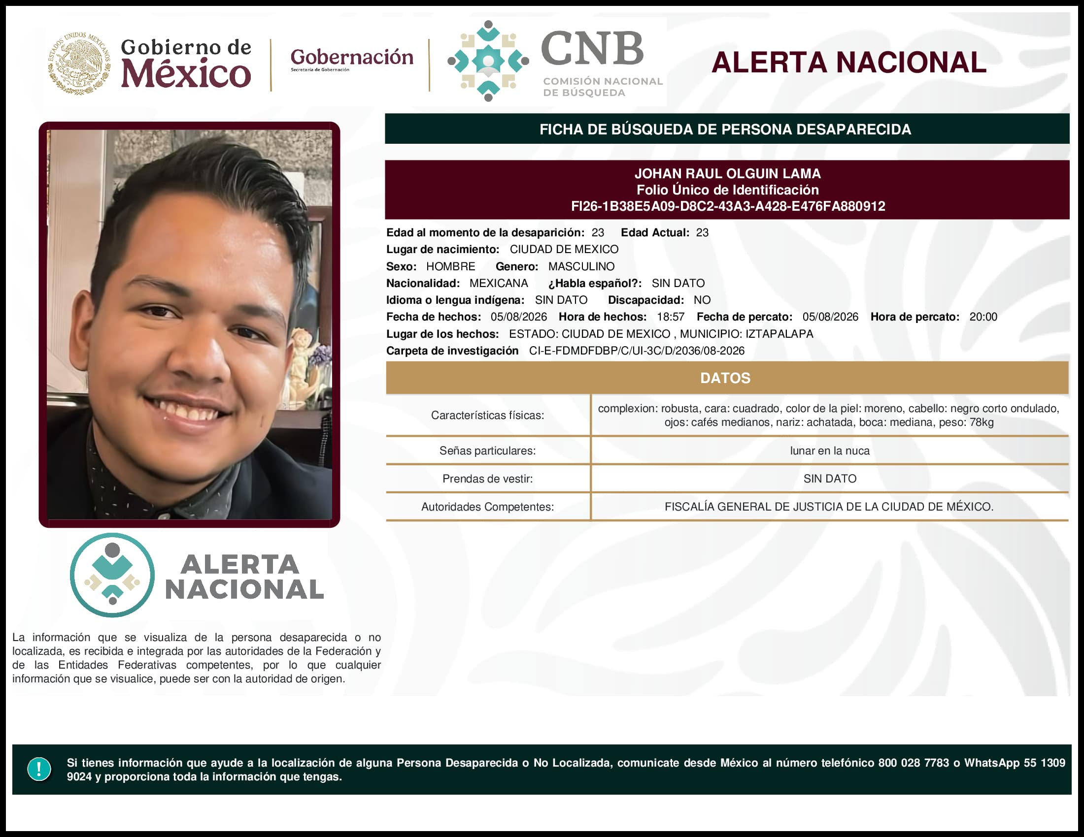 Persona desaparecida Johan Raul Olguin Lama