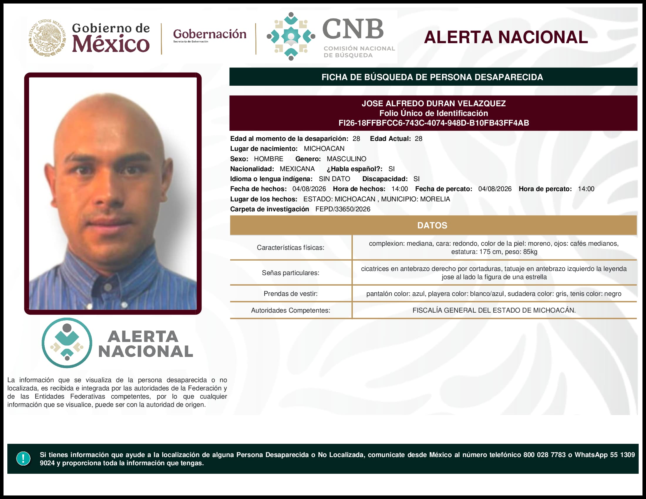Persona desaparecida Jose Alfredo Duran Velazquez