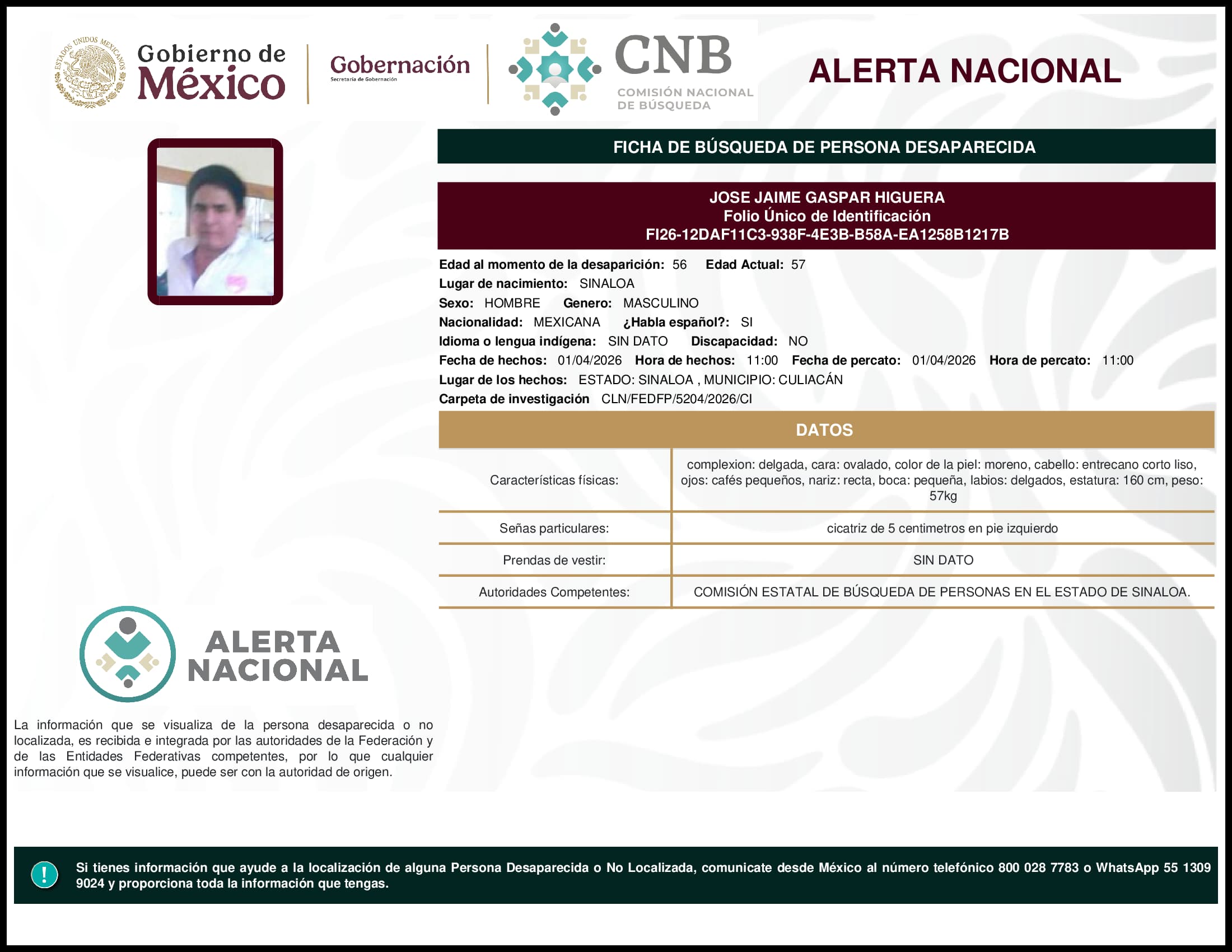 Persona desaparecida Jose Jaime Gaspar Higuera