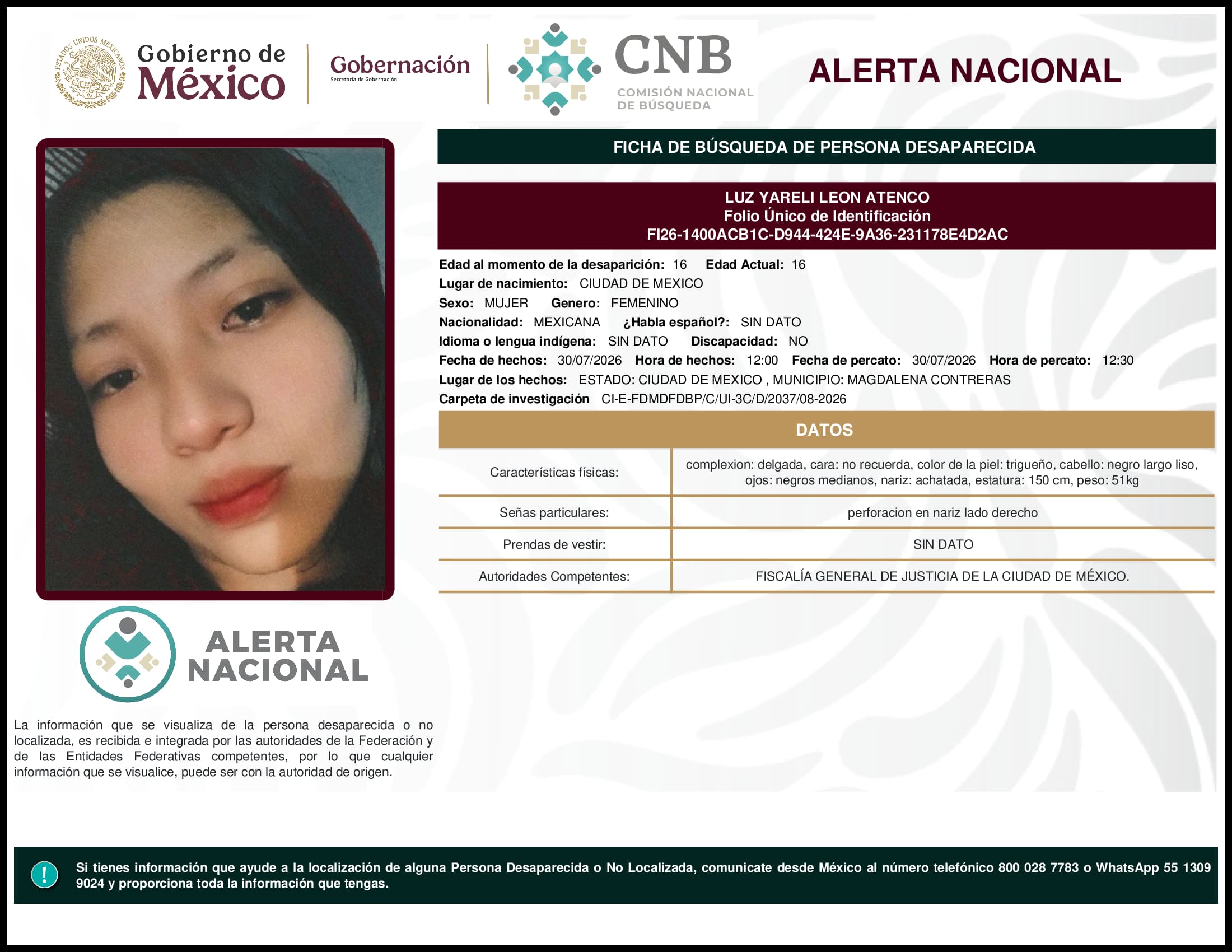 Persona desaparecida Luz Yareli Leon Atenco