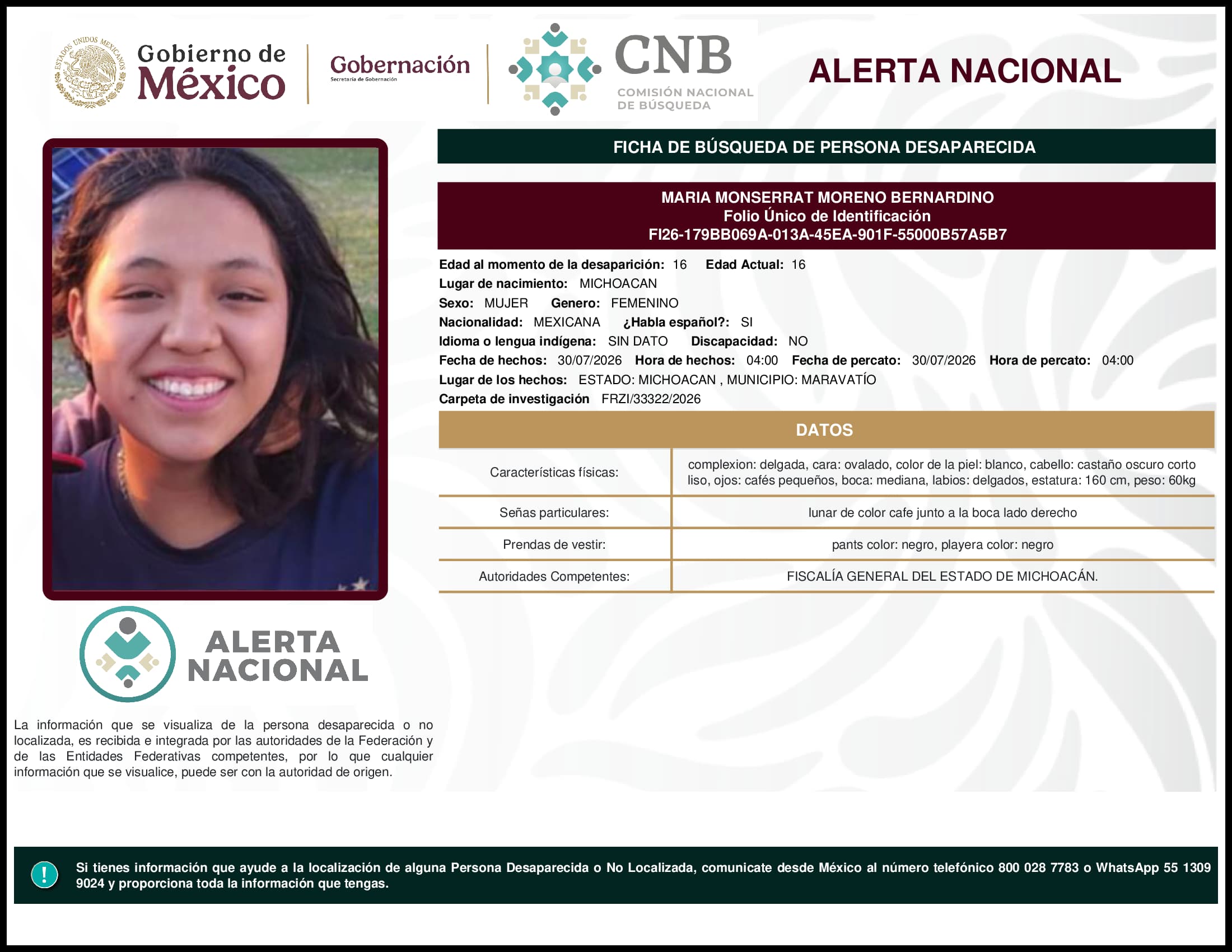 Persona desaparecida Maria Monserrat Moreno Bernardino