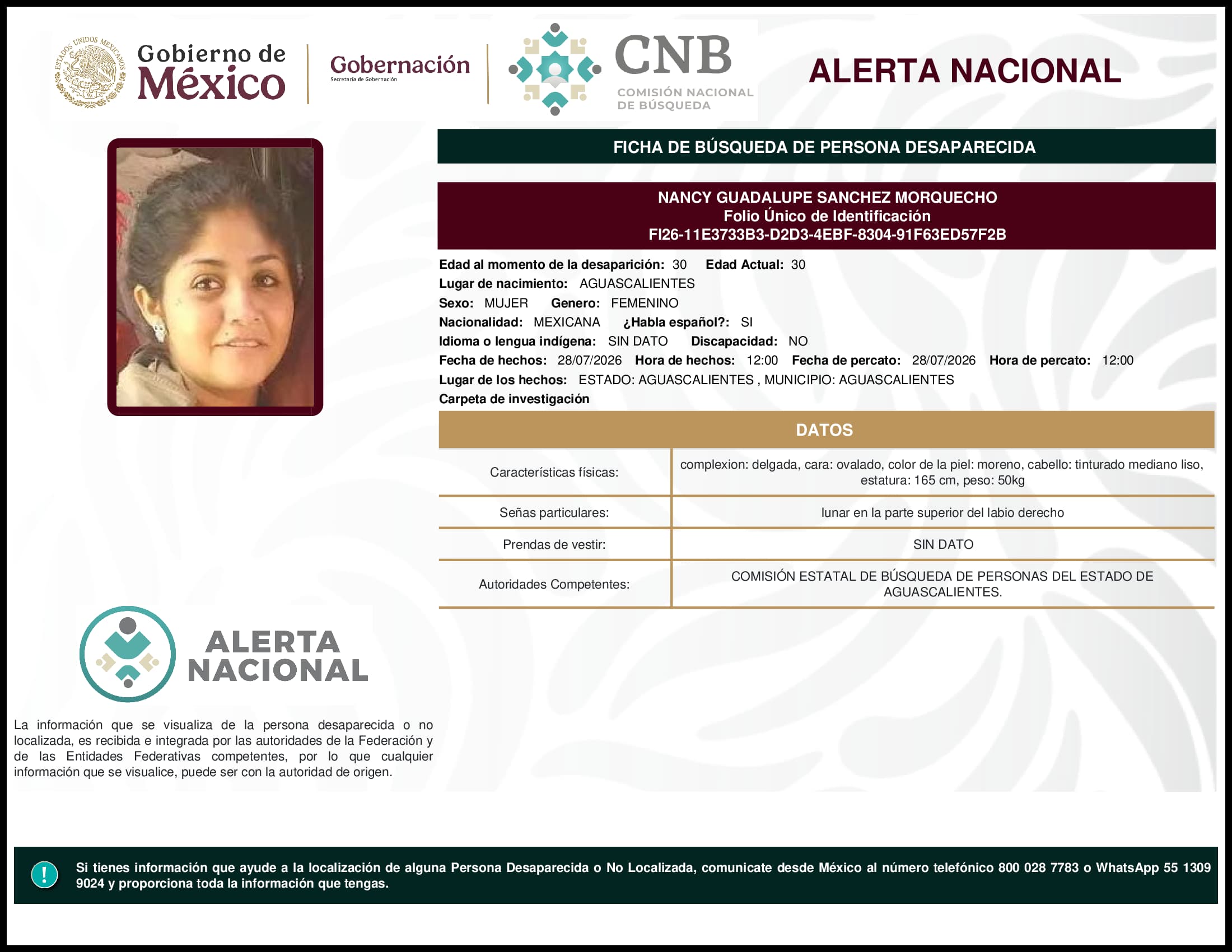 Persona desaparecida Nancy Guadalupe Sanchez Morquecho