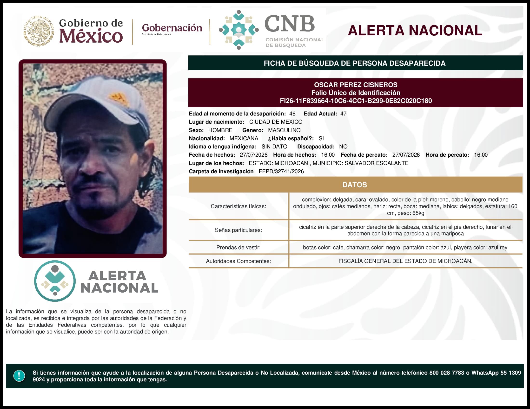 Persona desaparecida Oscar Perez Cisneros