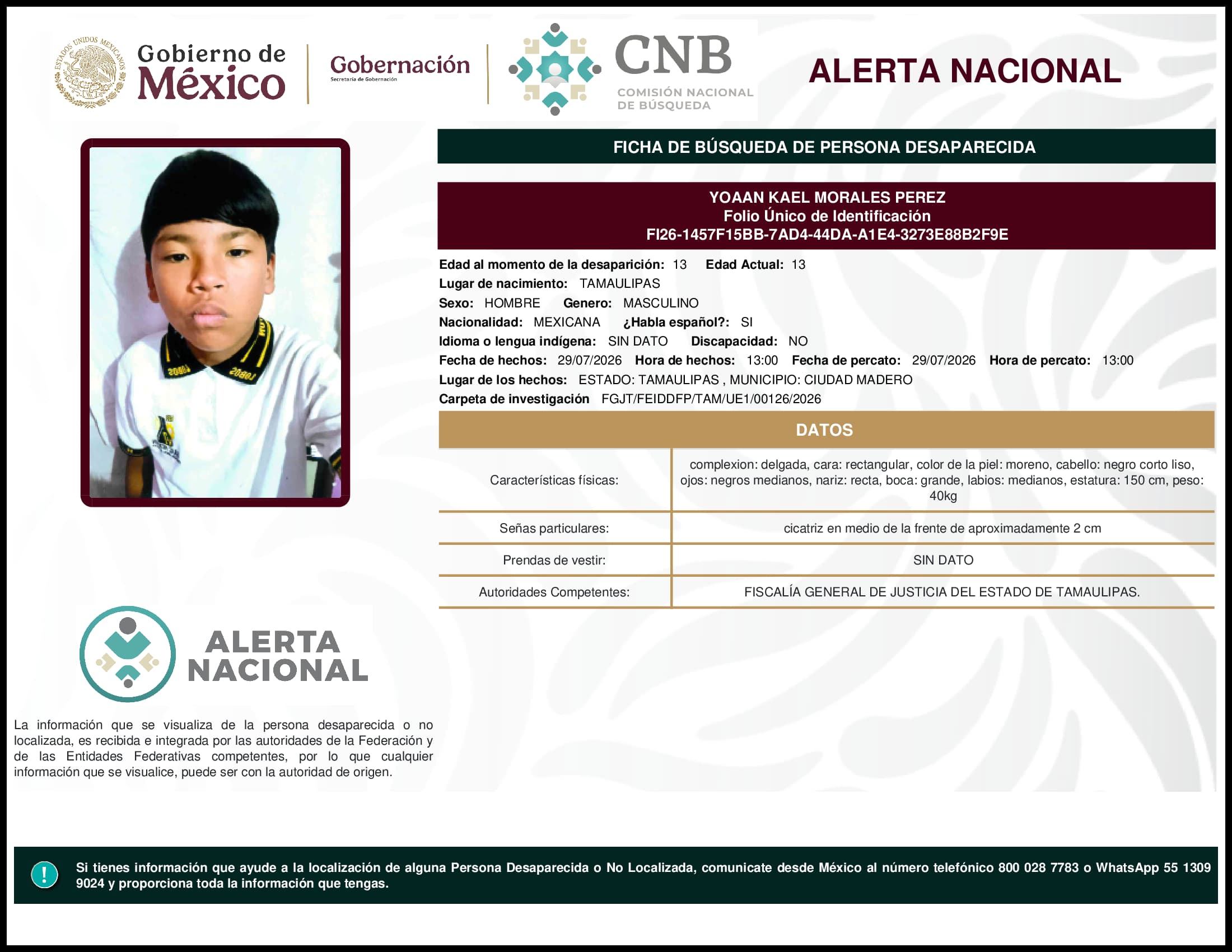 Persona desaparecida Yoaan Kael Morales Perez