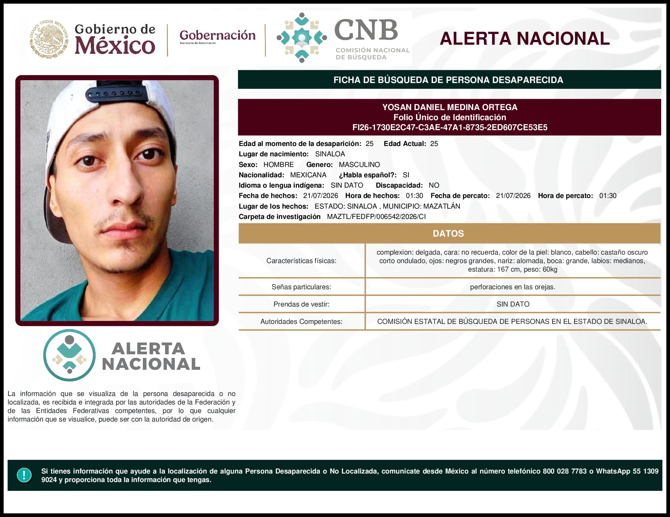 Persona desaparecida Yosan Daniel Medina Ortega