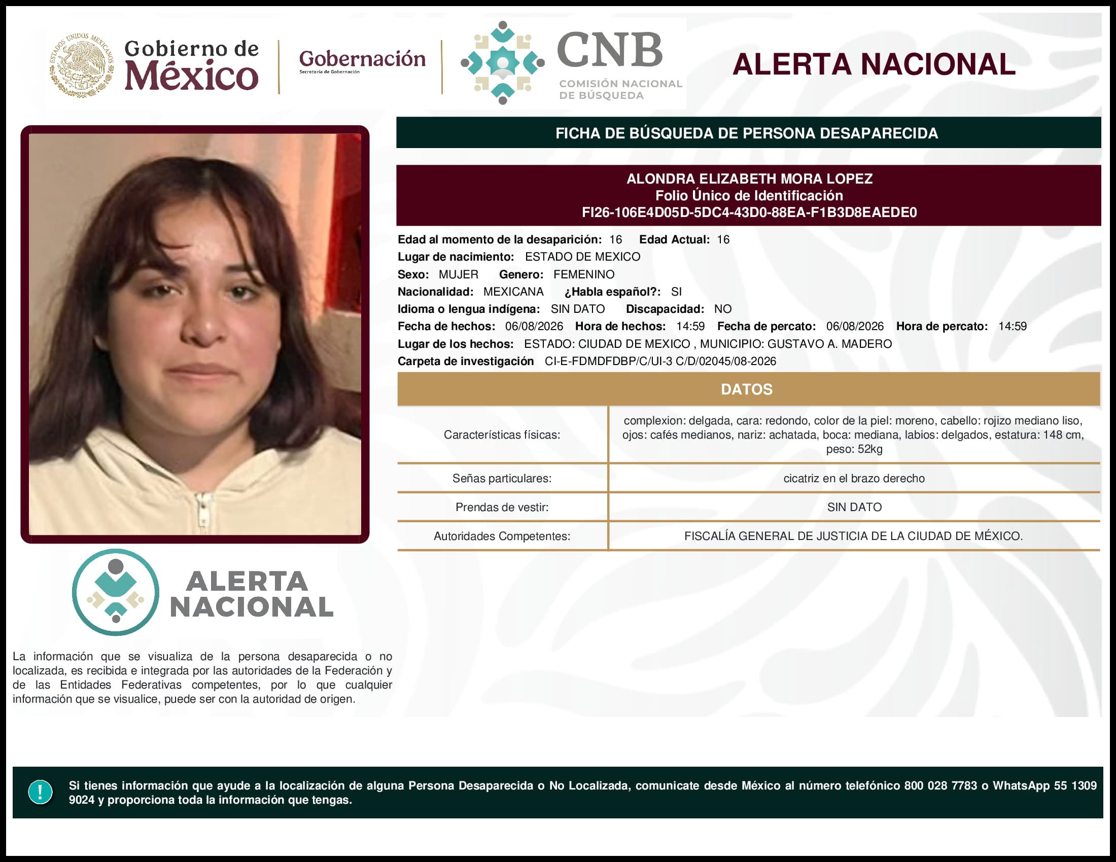 Persona desaparecida Alondra Elizabeth Mora Lopez