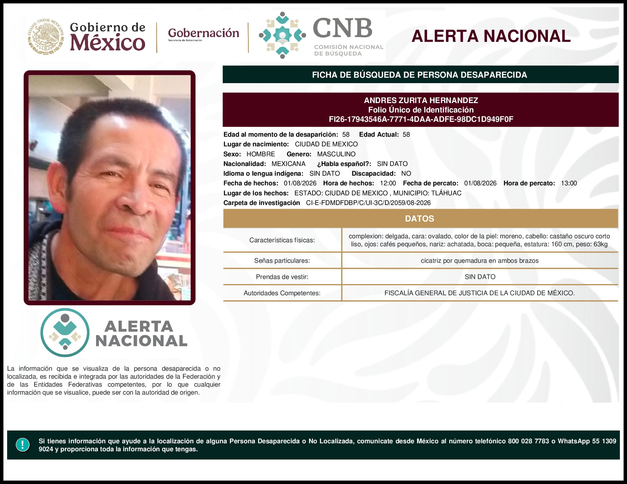 Persona desaparecida Andres Zurita Hernandez