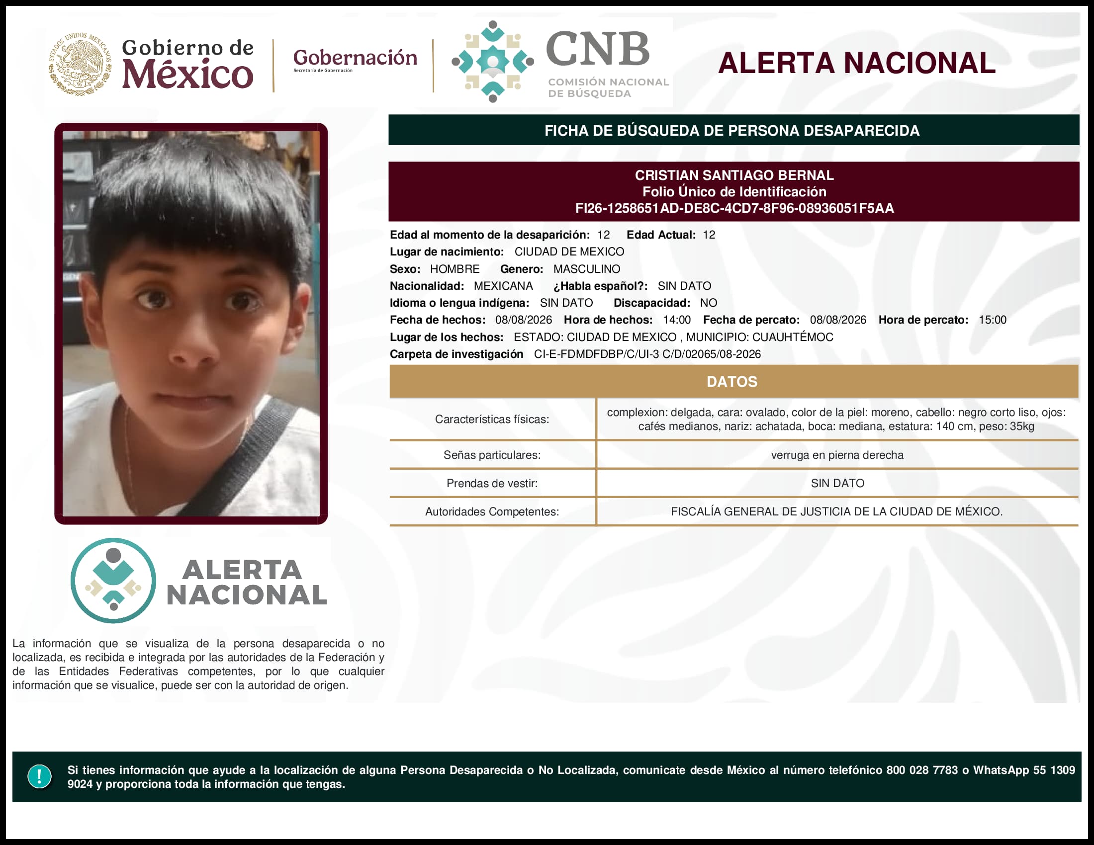 Persona desaparecida Cristian Santiago Bernal