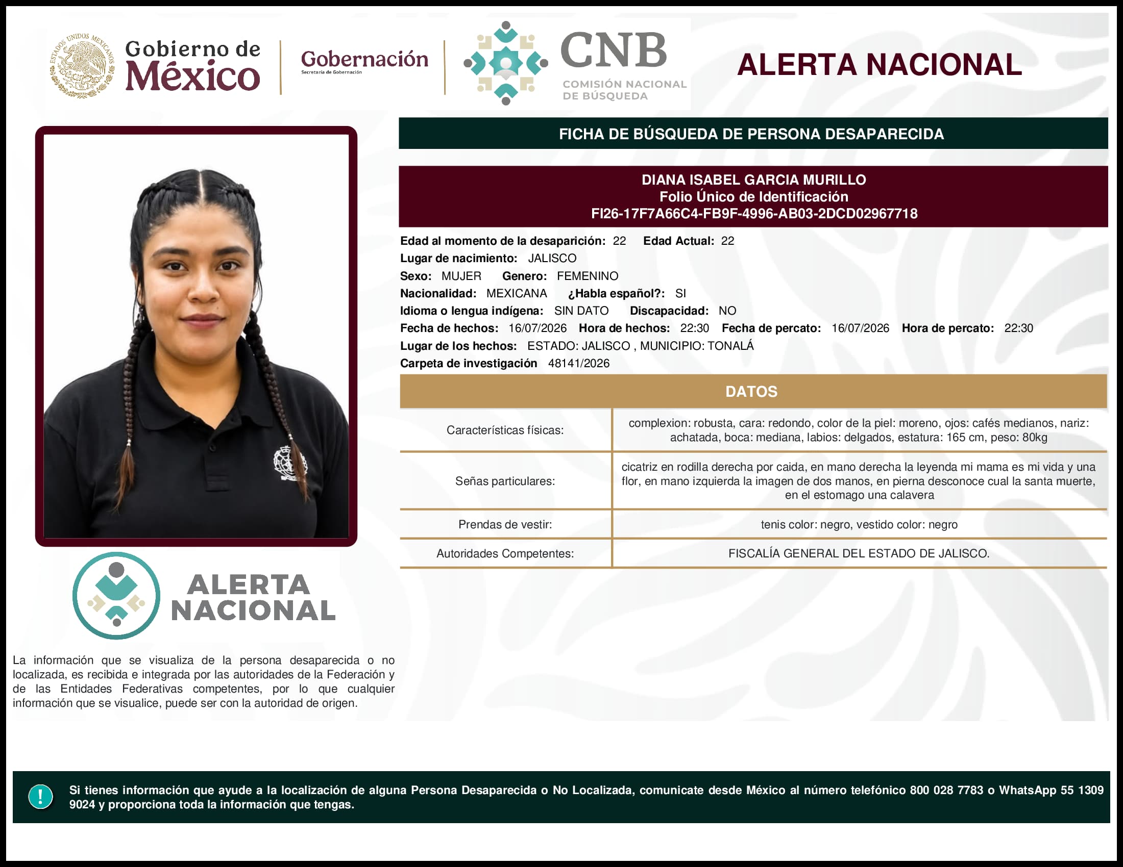 Persona desaparecida Diana Isabel Garcia Murillo