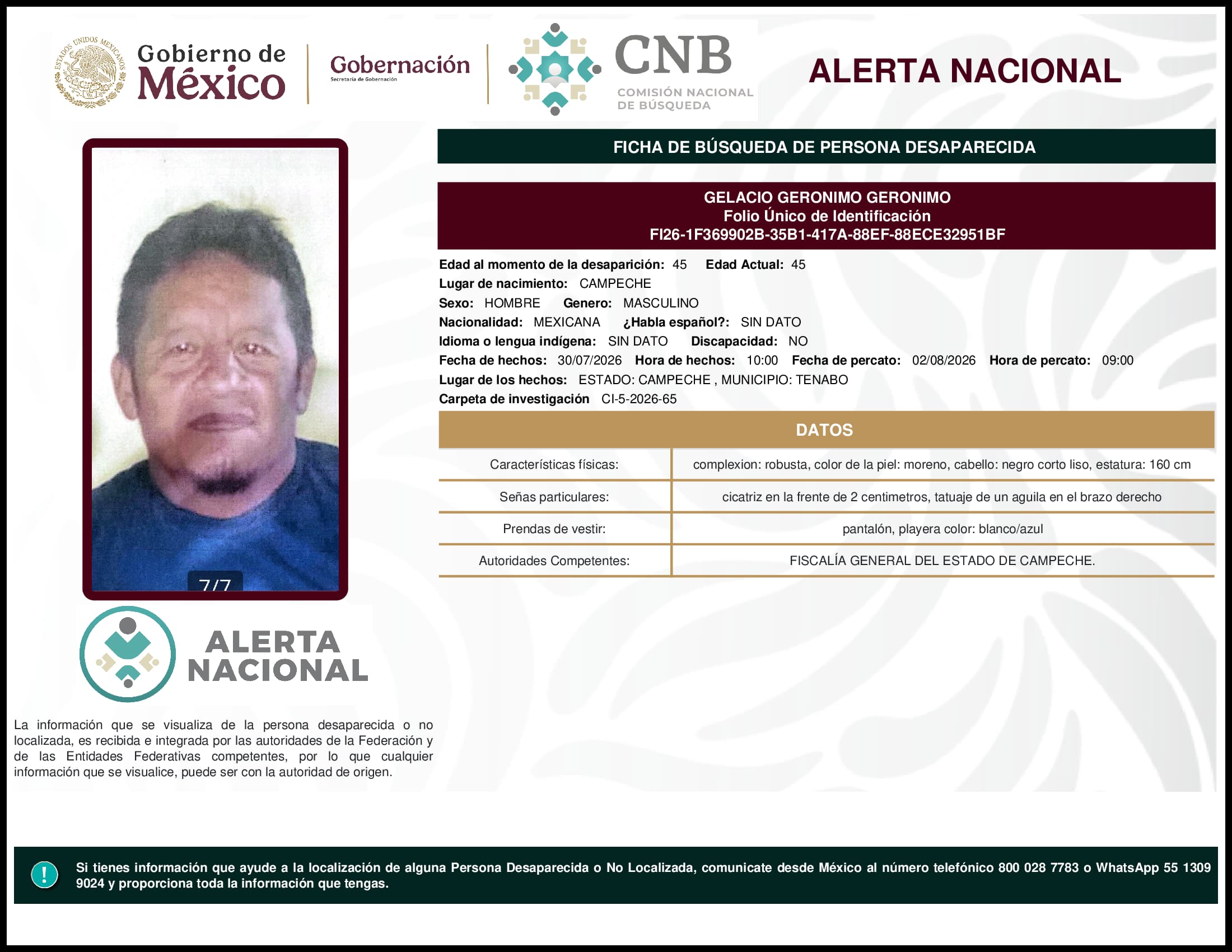 Persona desaparecida Gelacio Geronimo Geronimo
