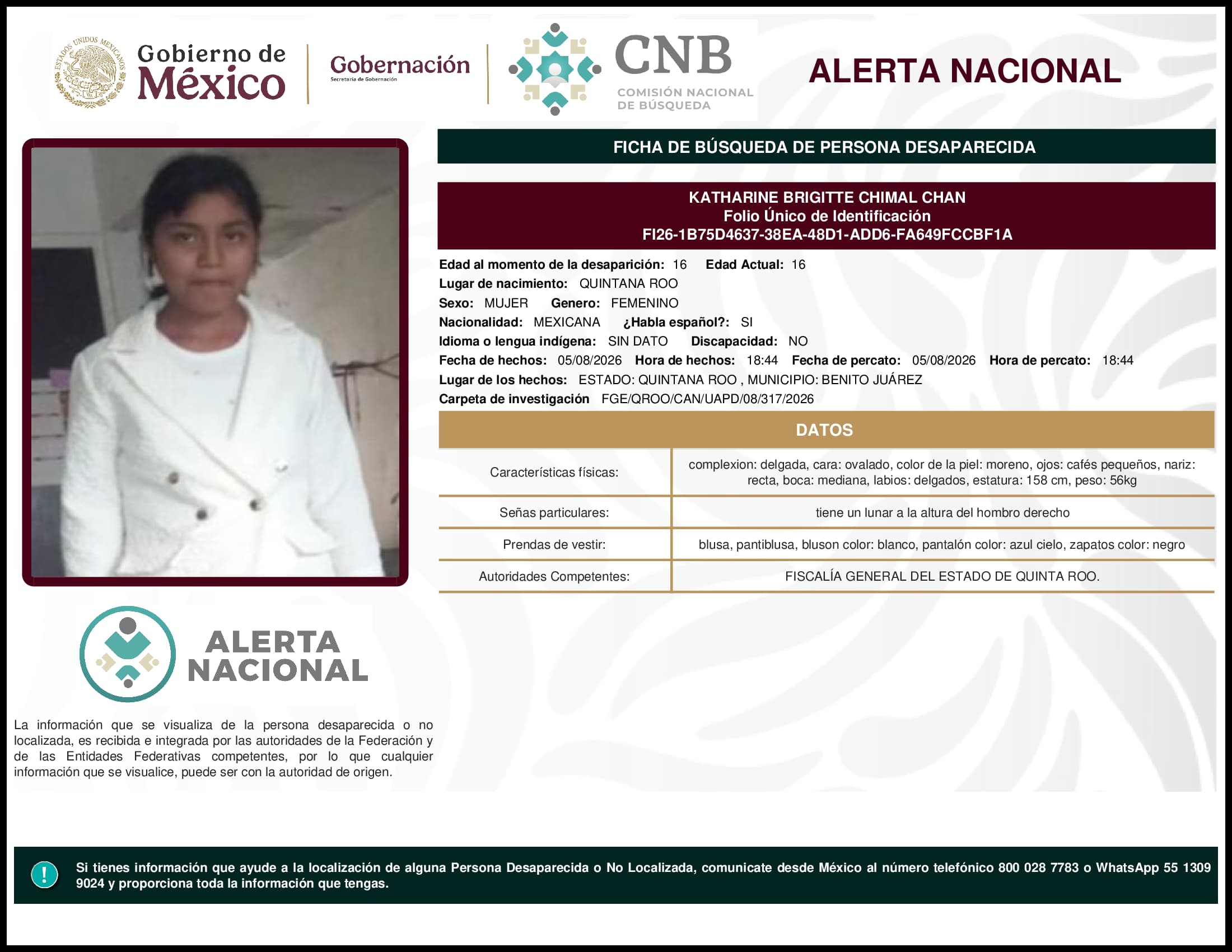 Persona desaparecida Katharine Brigitte Chimal Chan