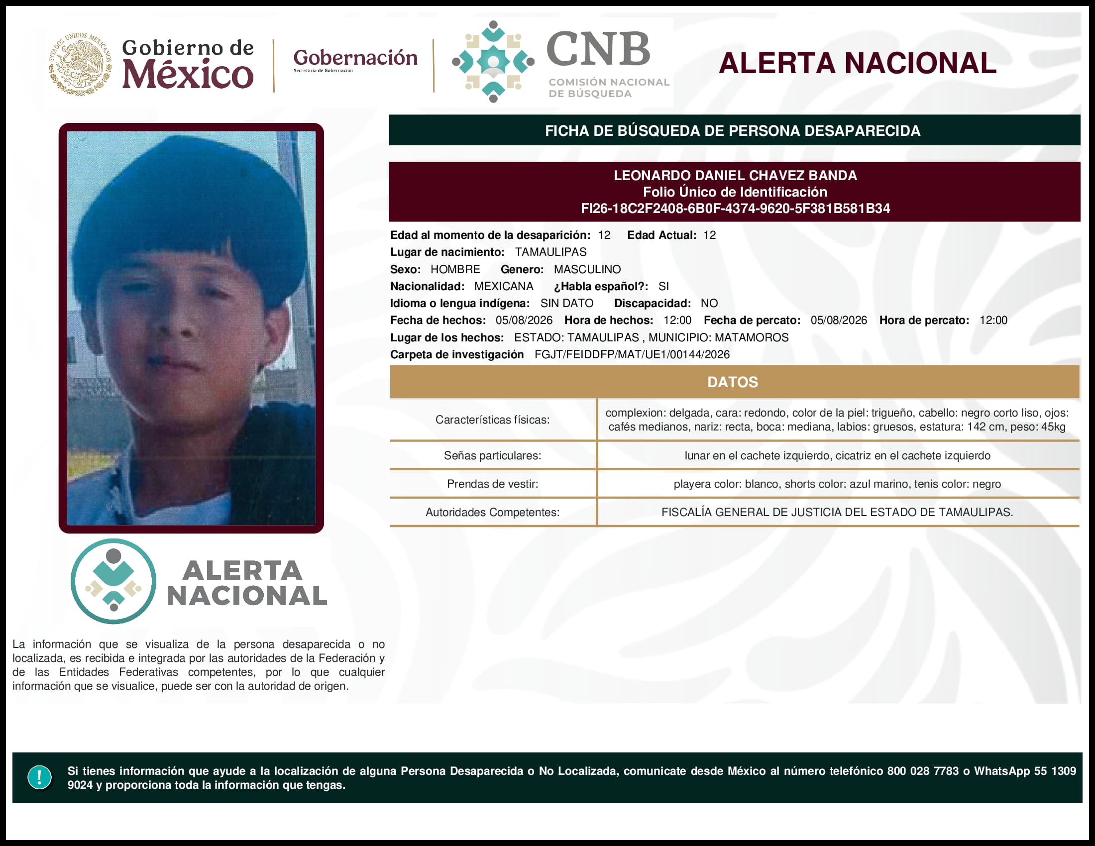 Persona desaparecida Leonardo Daniel Chavez Banda