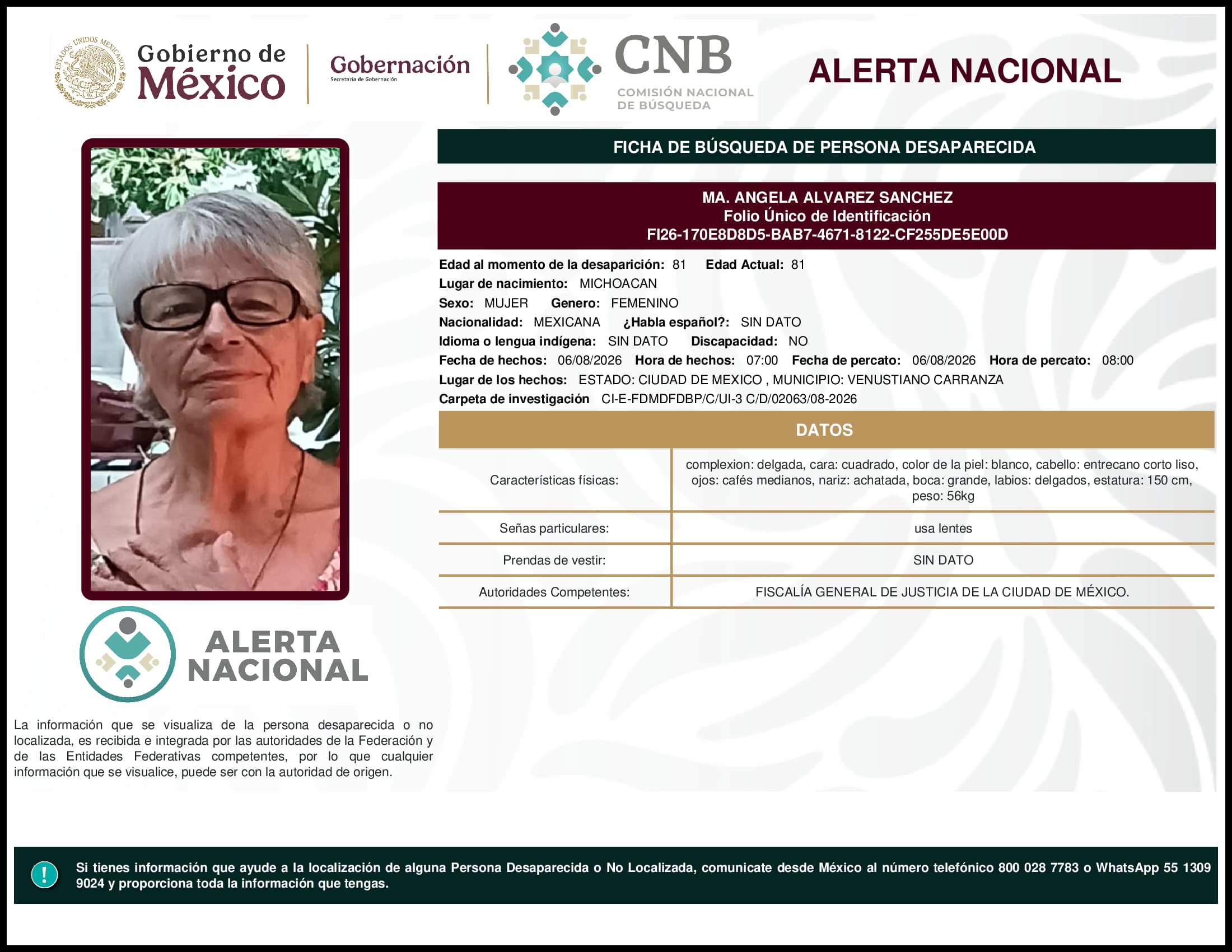 Persona desaparecida Ma. Angela Alvarez Sanchez