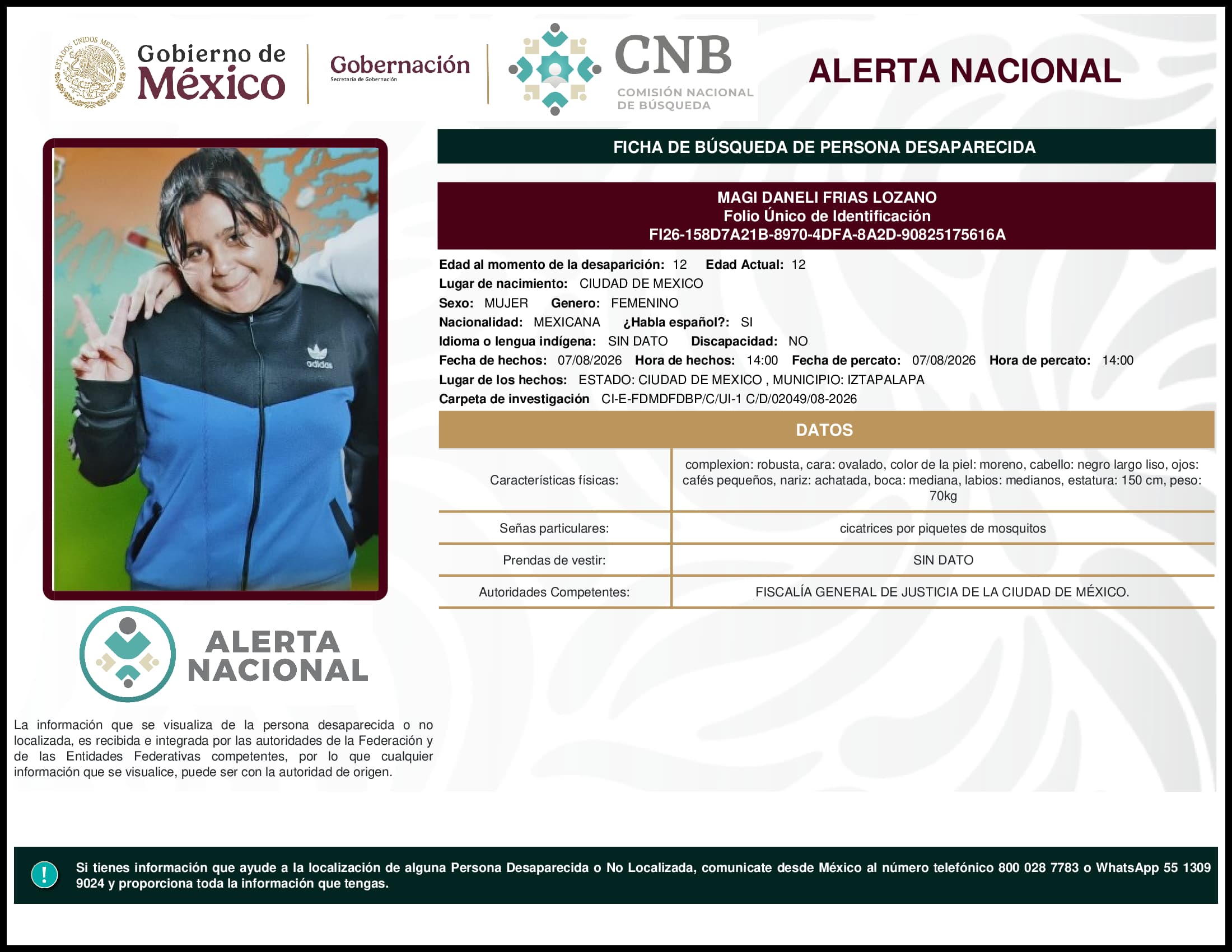 Persona desaparecida Magi Daneli Frias Lozano