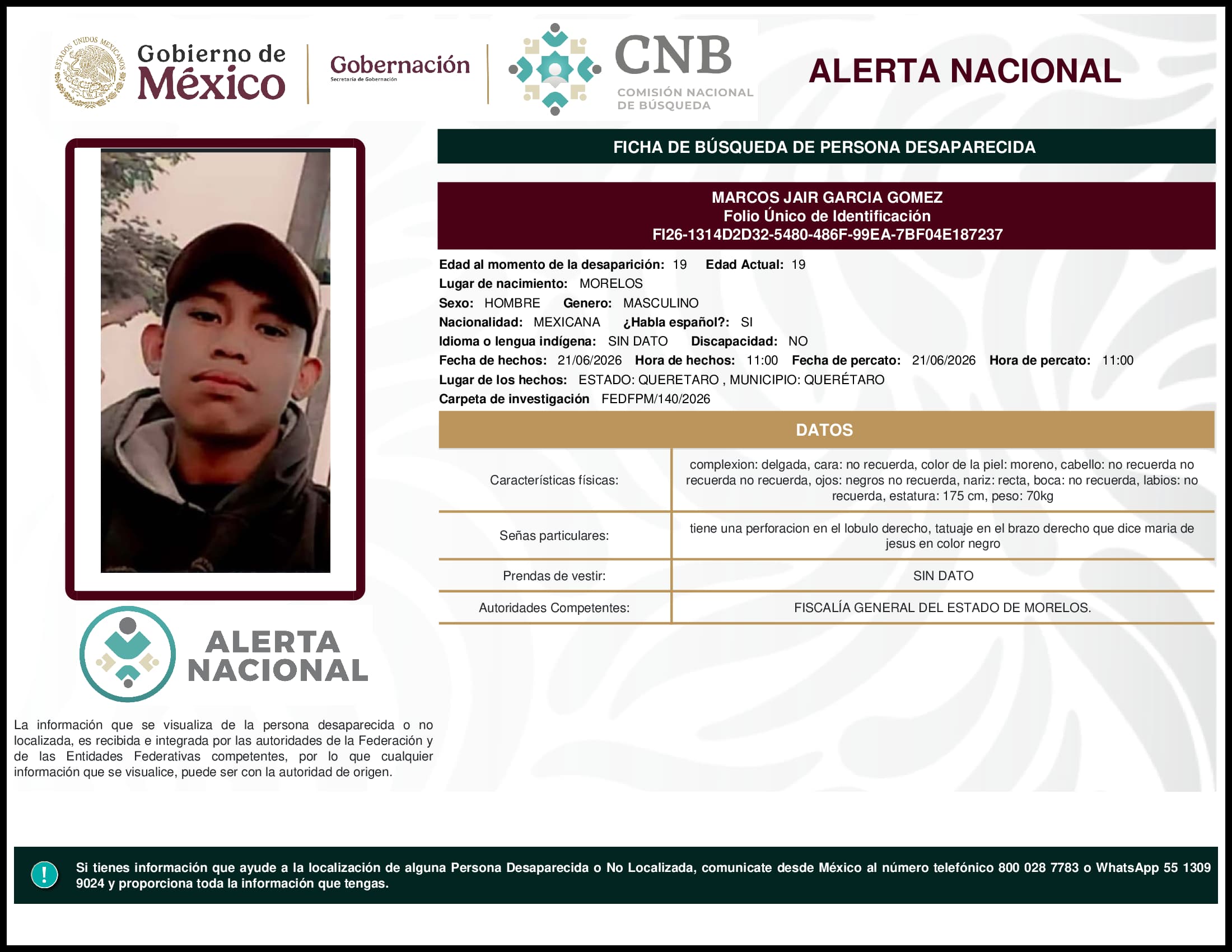 Persona desaparecida Marcos Jair Garcia Gomez