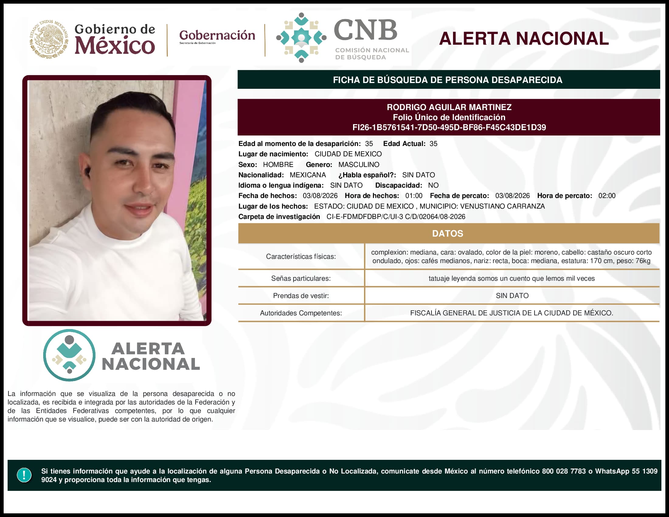 Persona desaparecida Rodrigo Aguilar Martinez