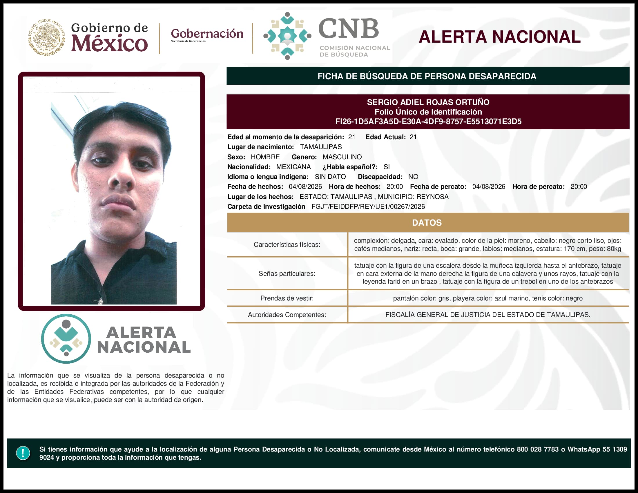 Persona desaparecida Sergio Adiel Rojas Ortumo