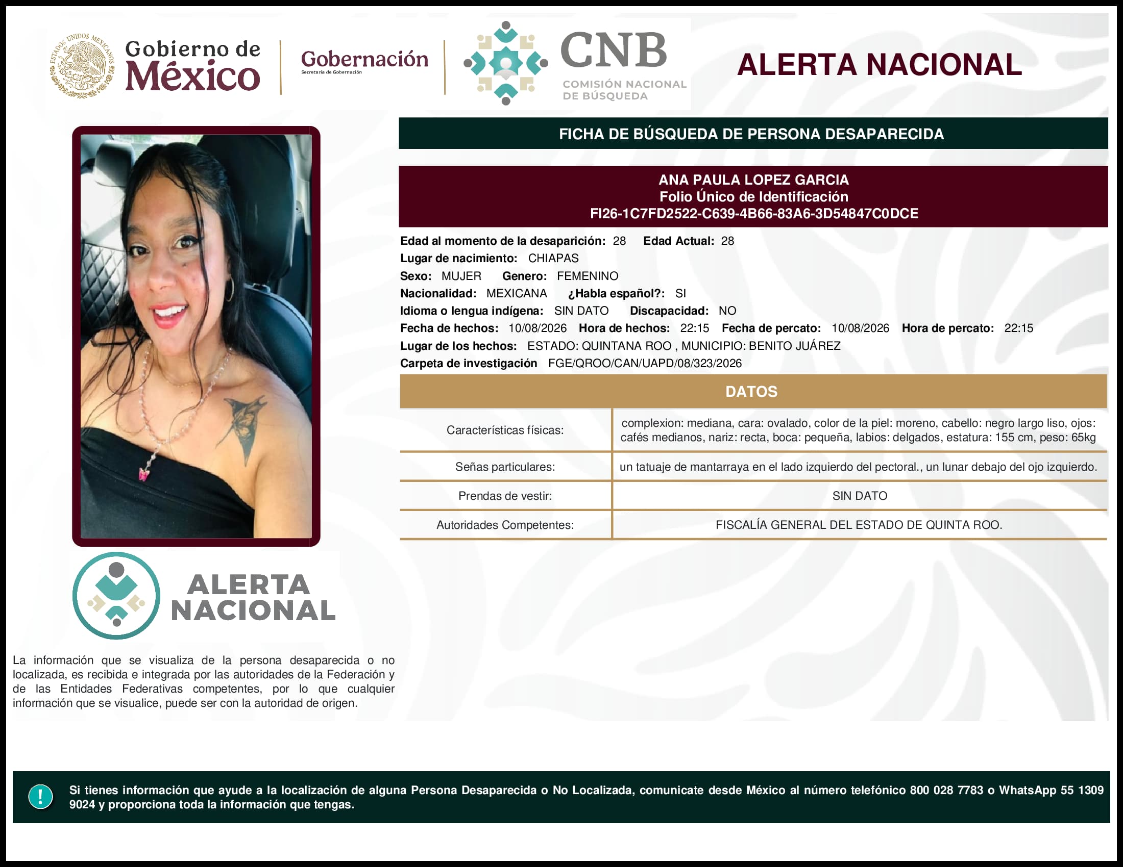 Persona desaparecida Ana Paula Lopez Garcia
