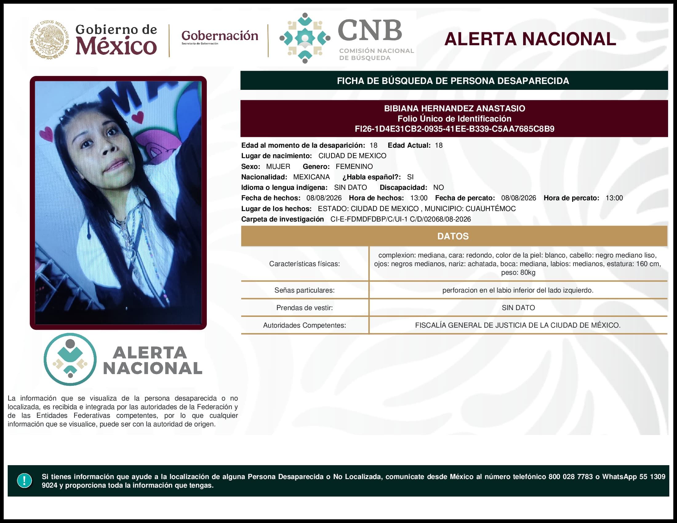 Persona desaparecida Bibiana Hernandez Anastasio