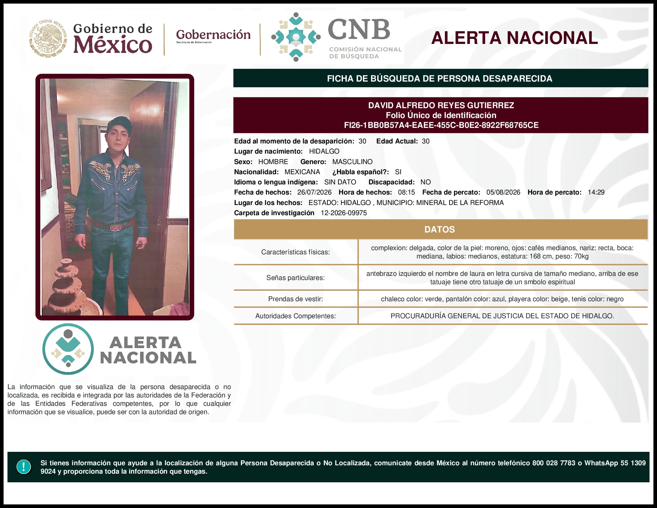 Persona desaparecida David Alfredo Reyes Gutierrez