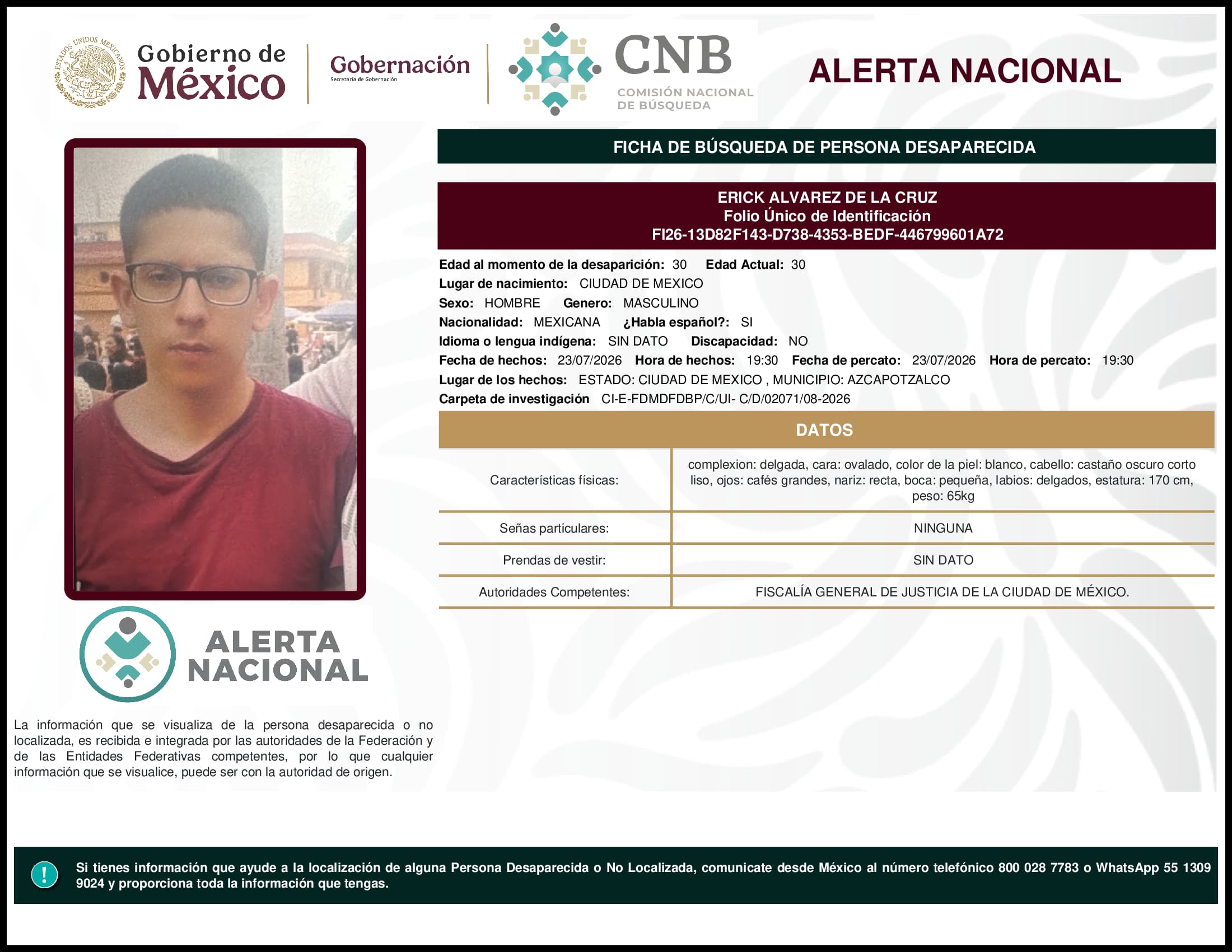 Persona desaparecida Erick Alvarez De La Cruz