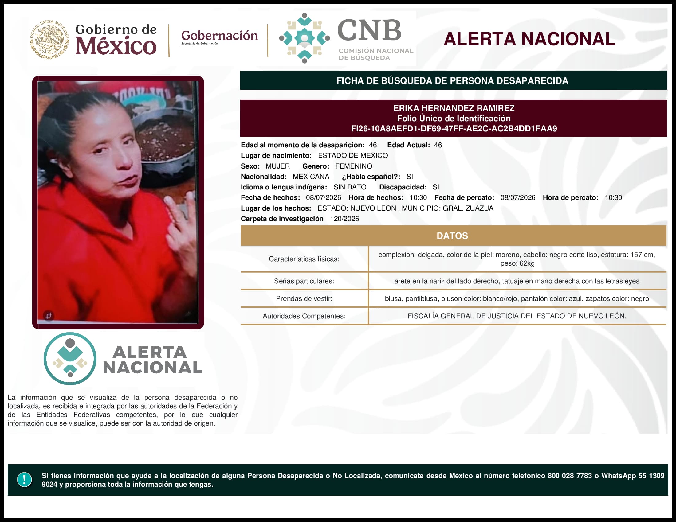 Persona desaparecida Erika Hernandez Ramirez