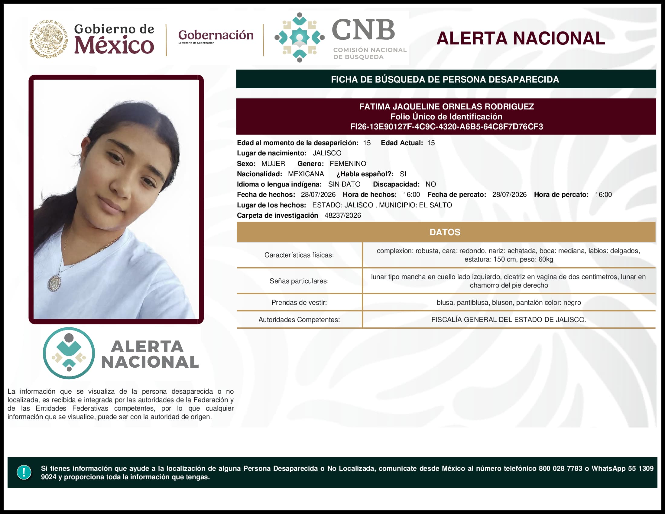 Persona desaparecida Fatima Jaqueline Ornelas Rodriguez