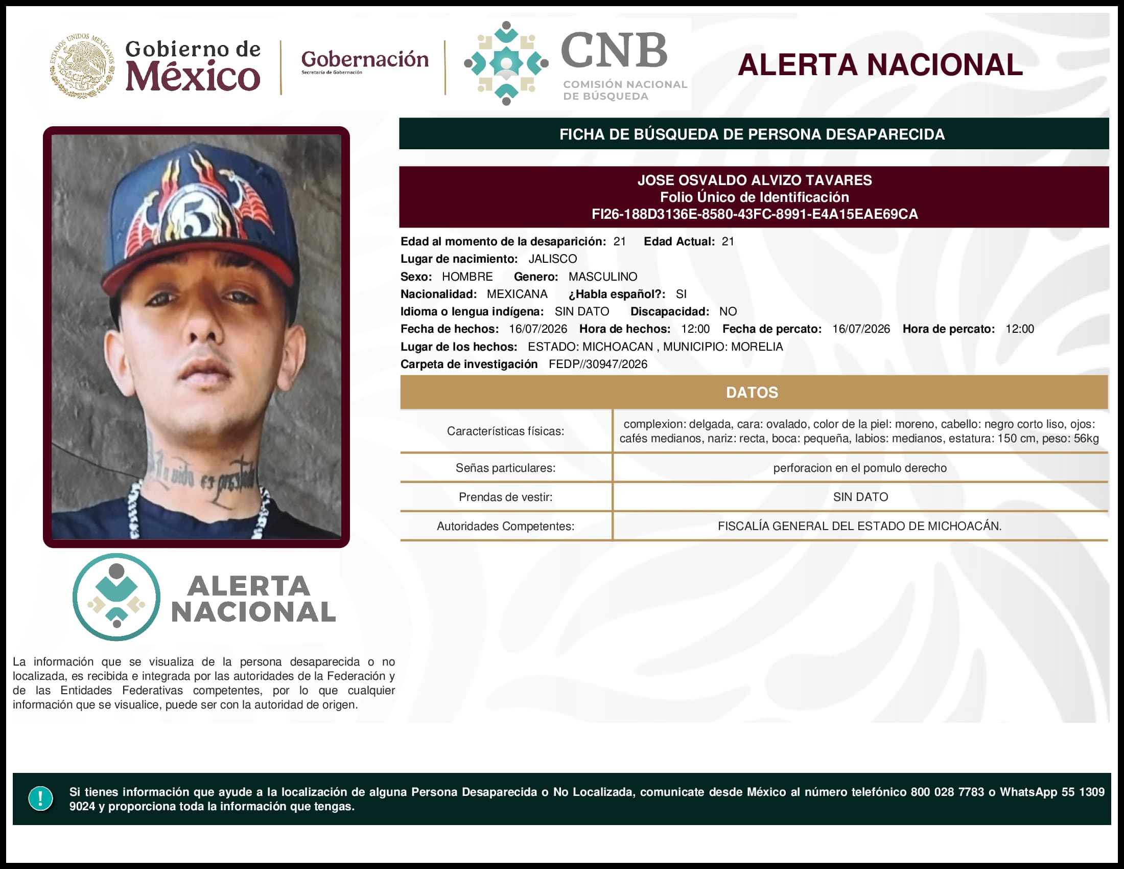 Persona desaparecida Jose Osvaldo Alvizo Tavares